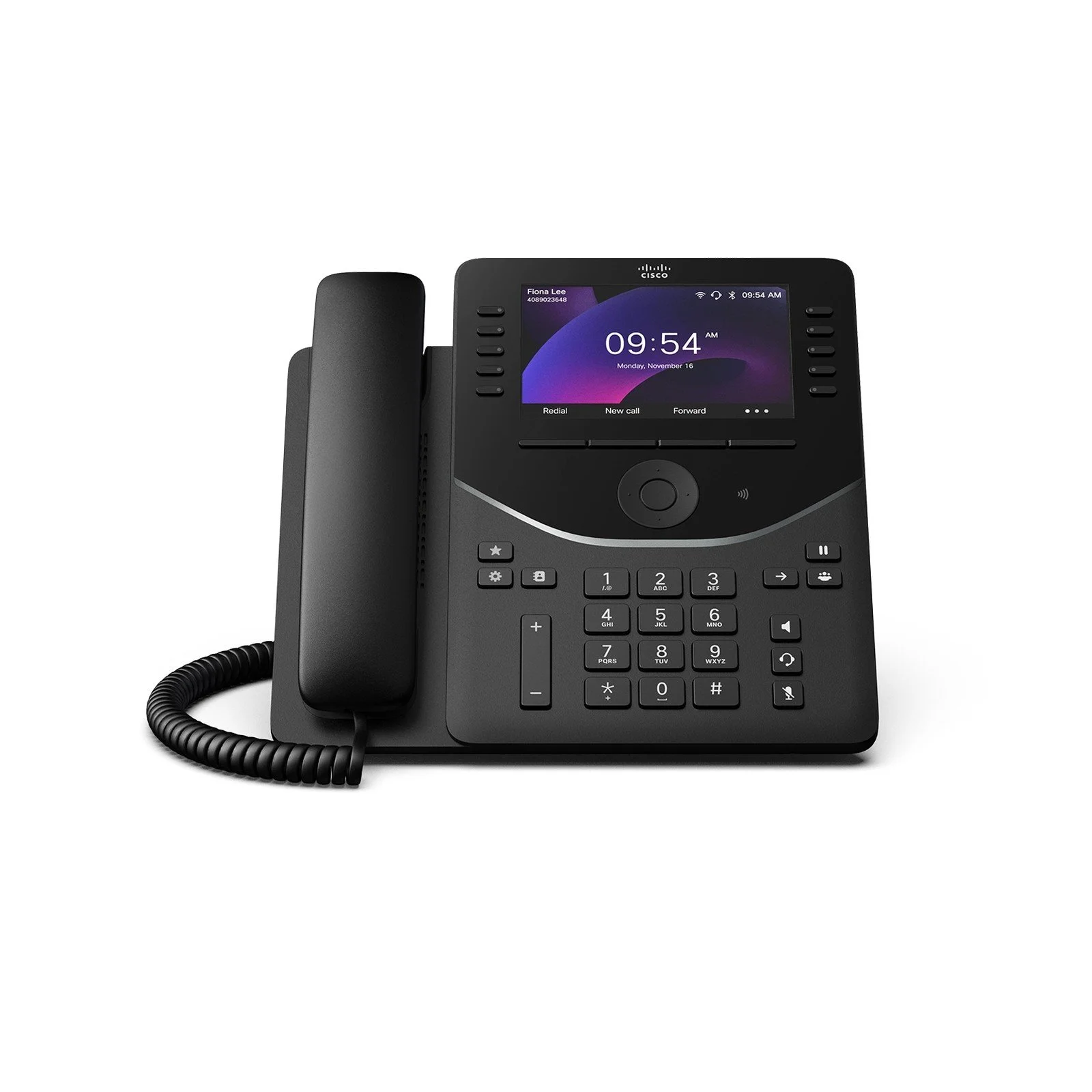 Cisco Desk Phone 9861 in Carbon Black, front view, with 5-inch color display and corded handset