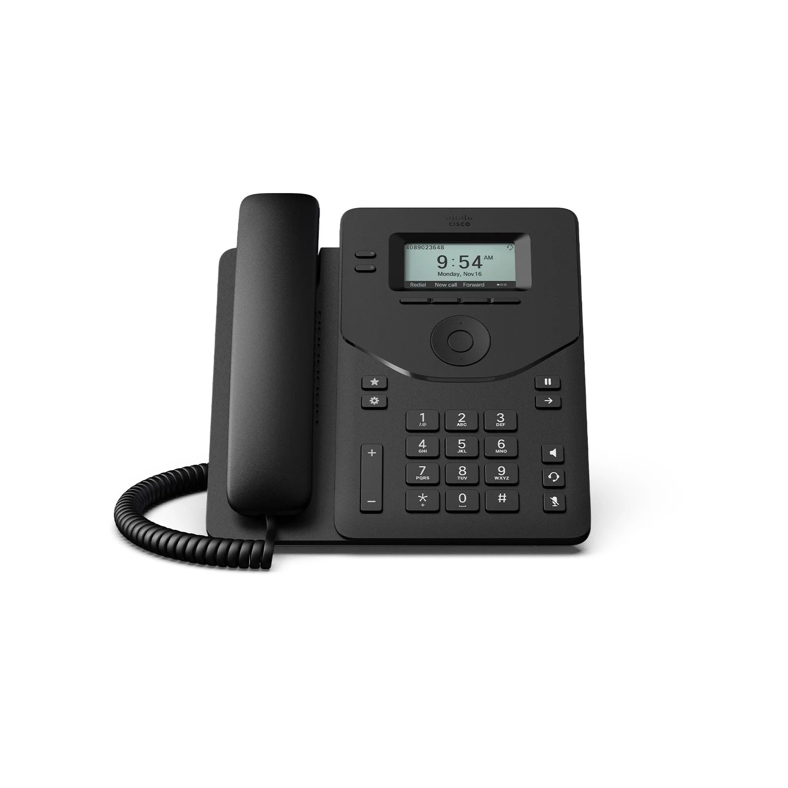 Cisco Desk Phone 9811 in Carbon Black, front view, with grayscale display and corded handset