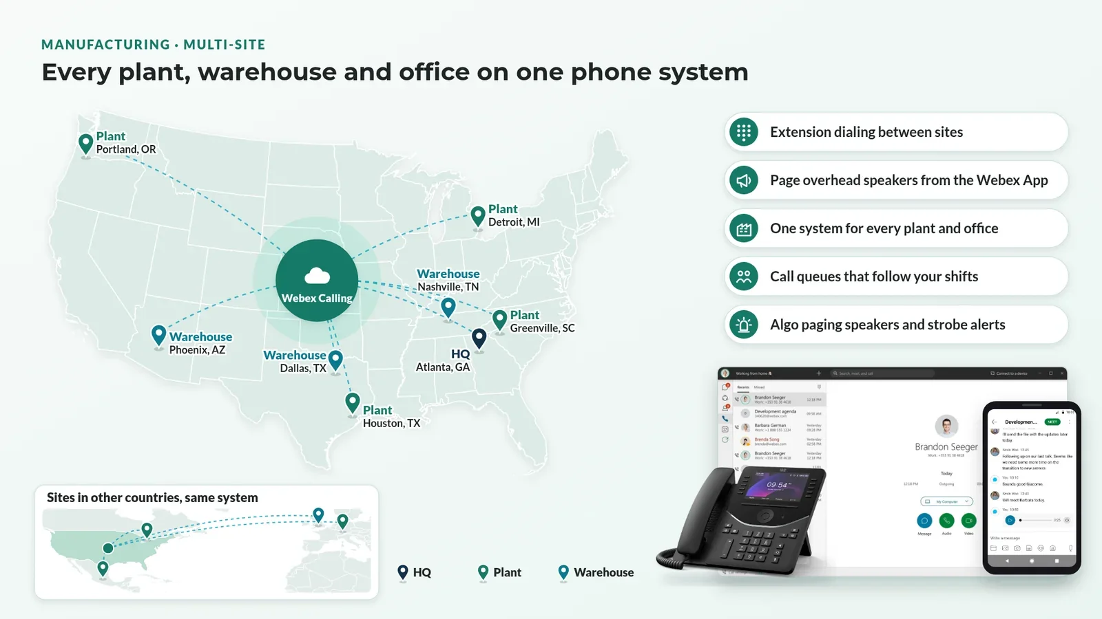 Map of plant and office locations across the US and in other countries, connected on one phone system with the Webex App and desk phones.