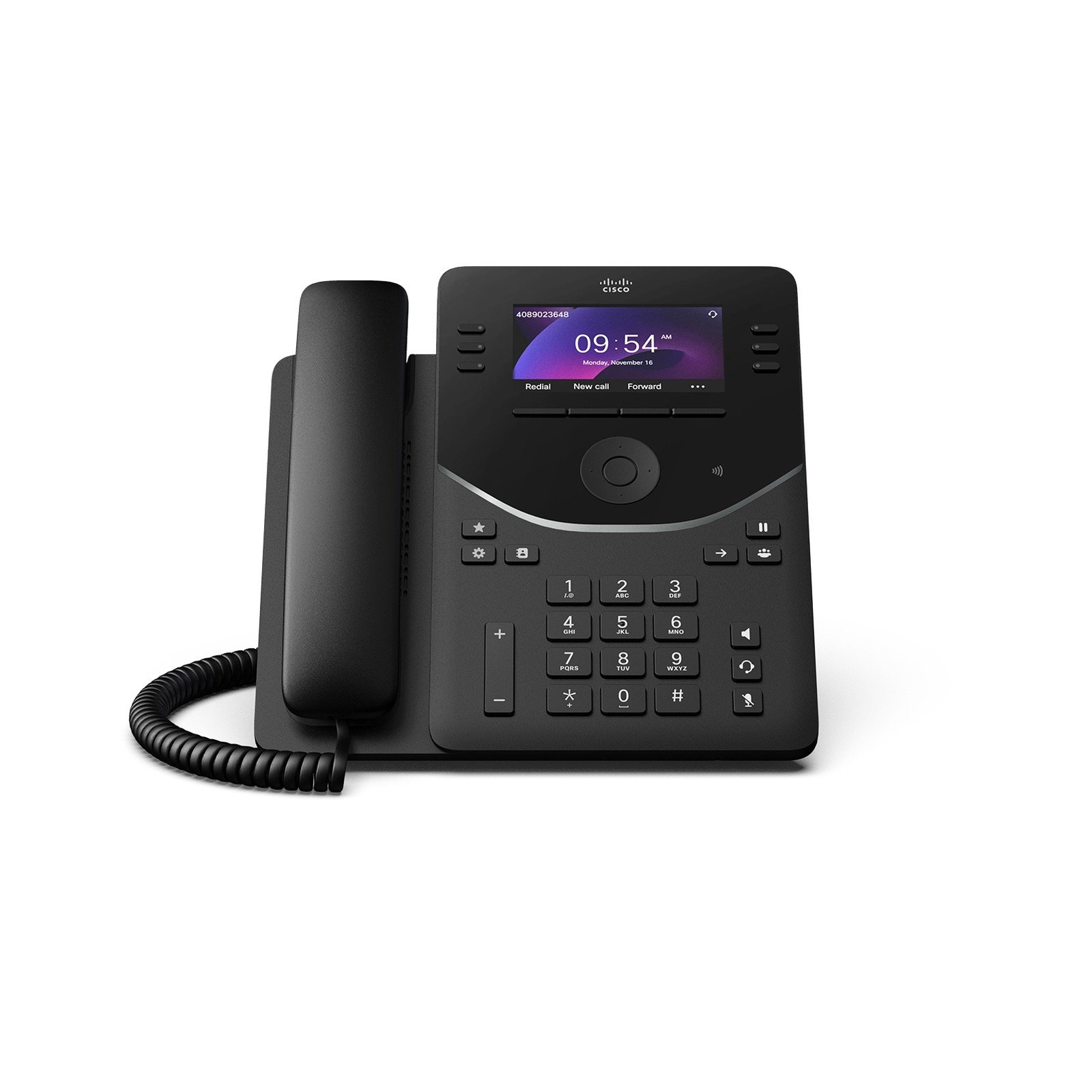 Cisco Desk Phone 9851 in Carbon Black, front view, with 3.7-inch color display and corded handset