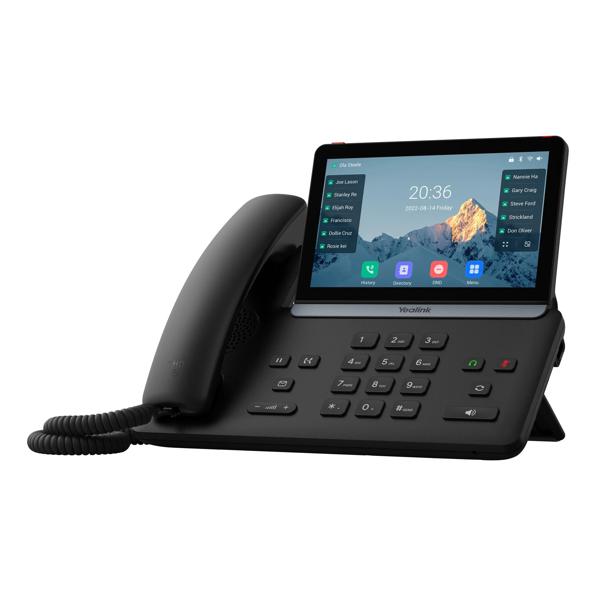 Yealink T87W IP desk phone, right angle view showing the stand