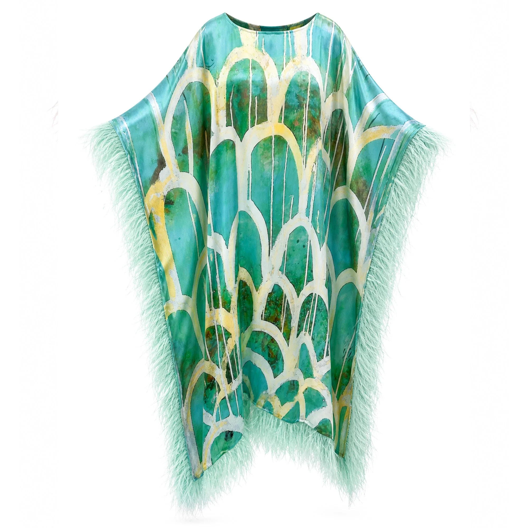 Silk Feather-Trimmed Kaftan "Mermaid Scales"