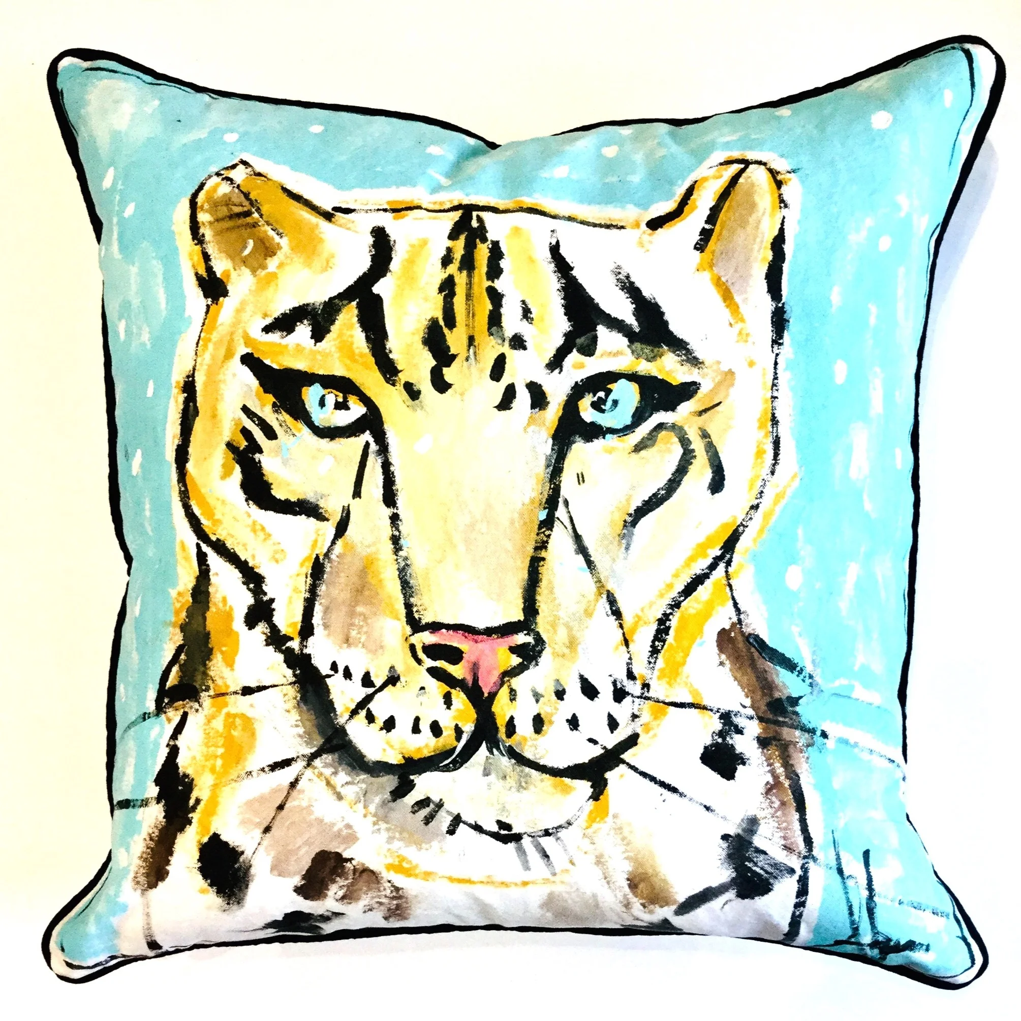26" Snow Leopard "Aqua" Hand-Painted Pillow