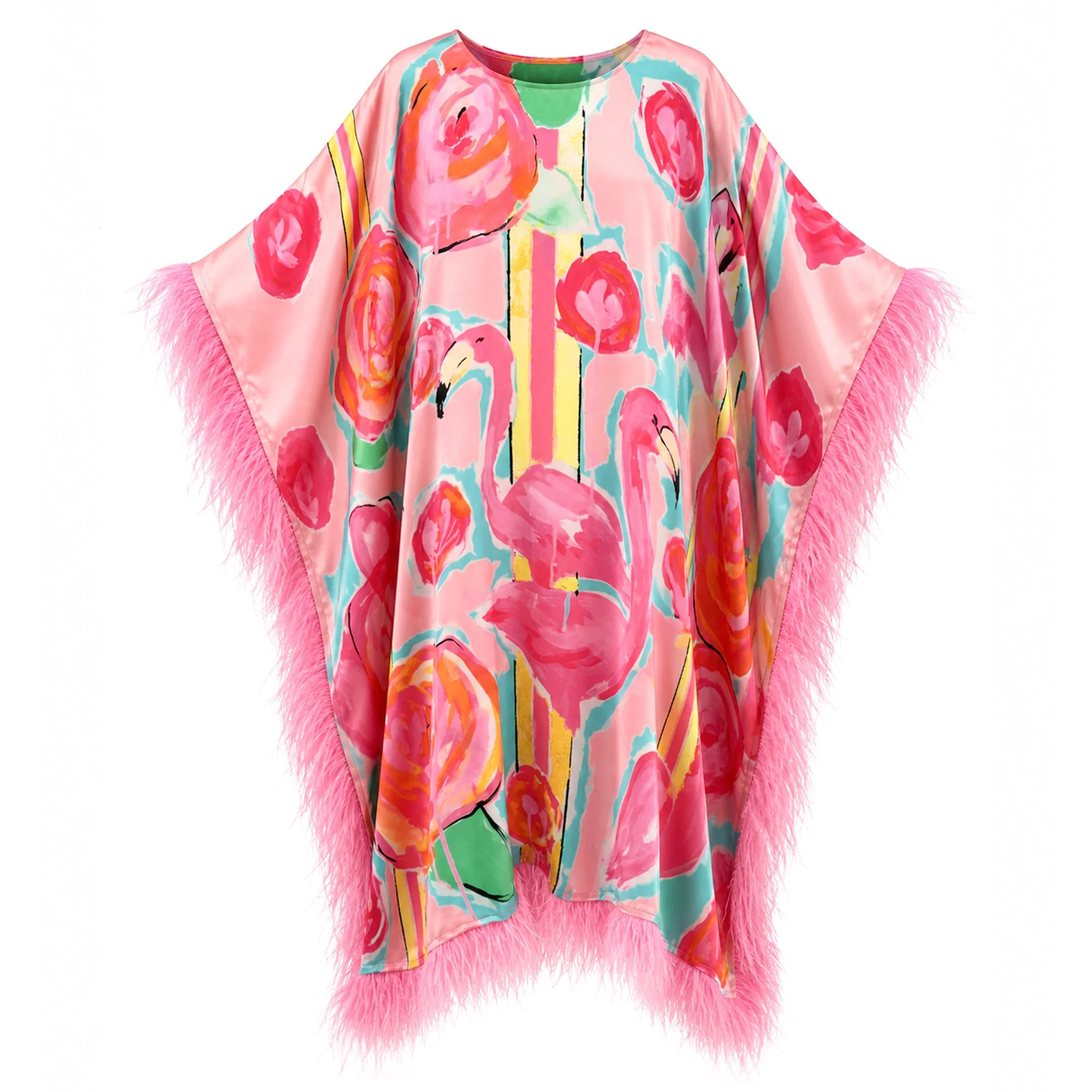 Silk Feather-Trimmed Kaftan "Gucci Flamingo"