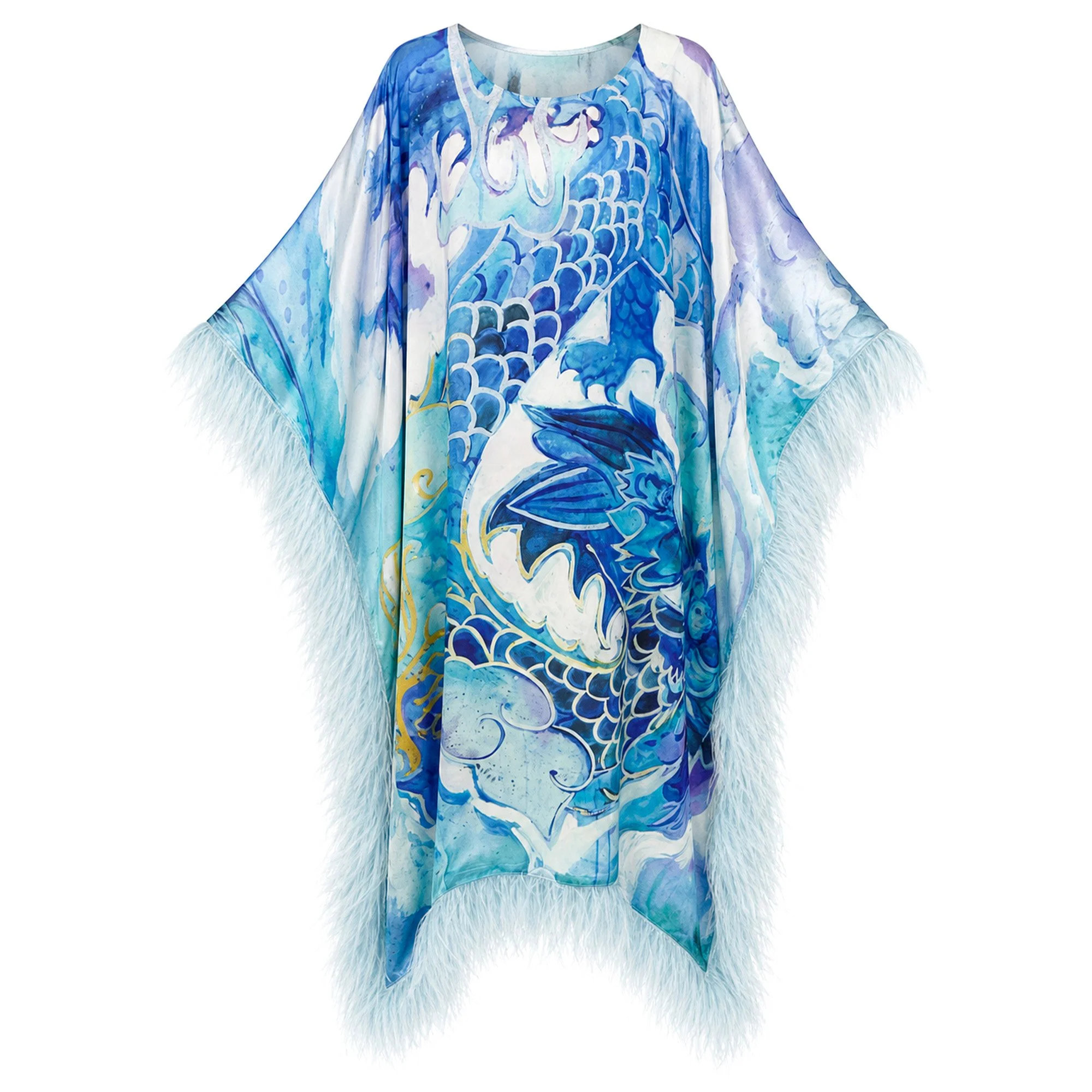 Silk Feather-Trimmed Kaftan "Hydra Heart"