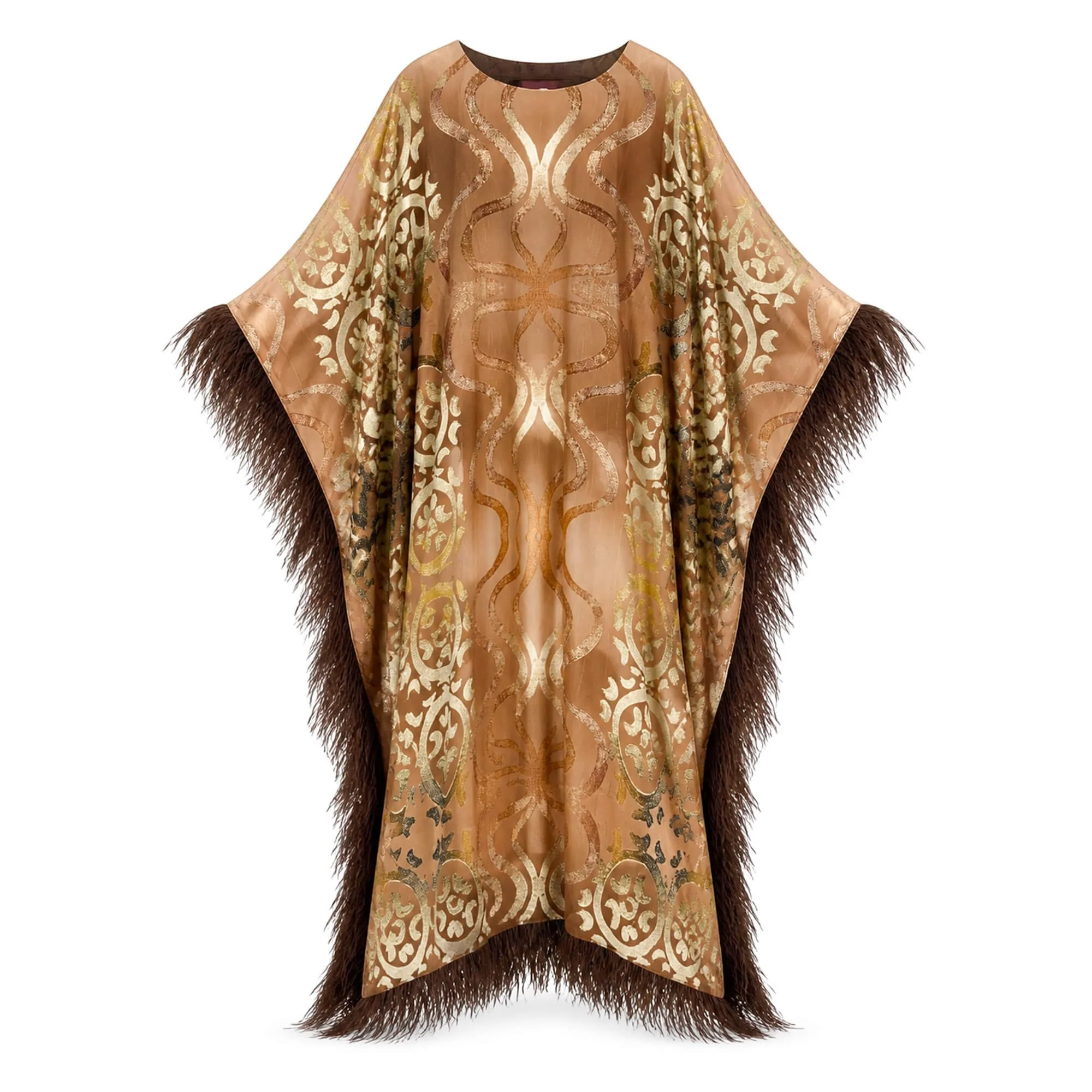 Long Silky Feather-Trimmed Kaftan "Summer Sands"