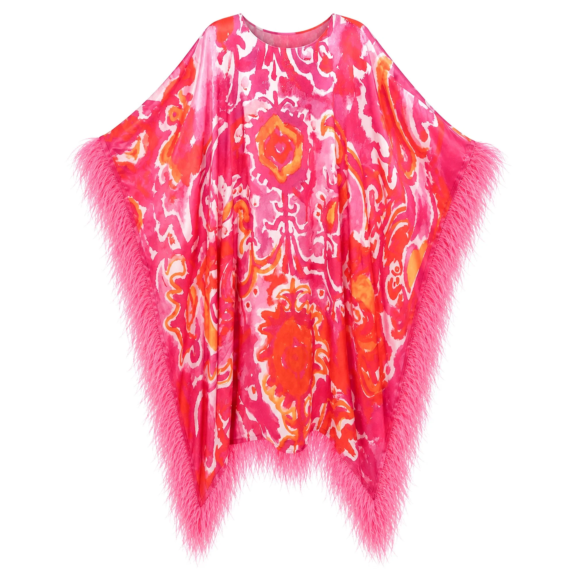 Silk Feather-Trimmed Kaftan "Fruit Punch"
