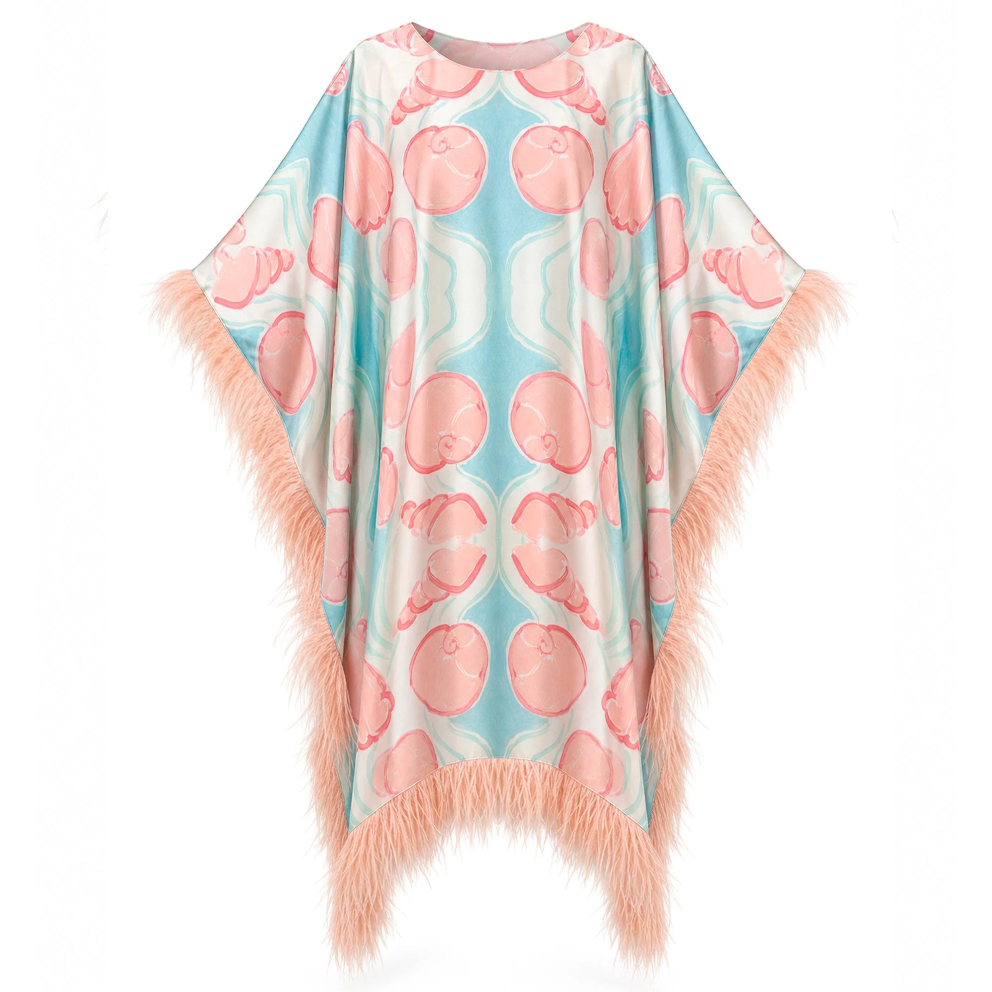 Silky Feather-Trimmed Kaftan "She Sold Seashells"