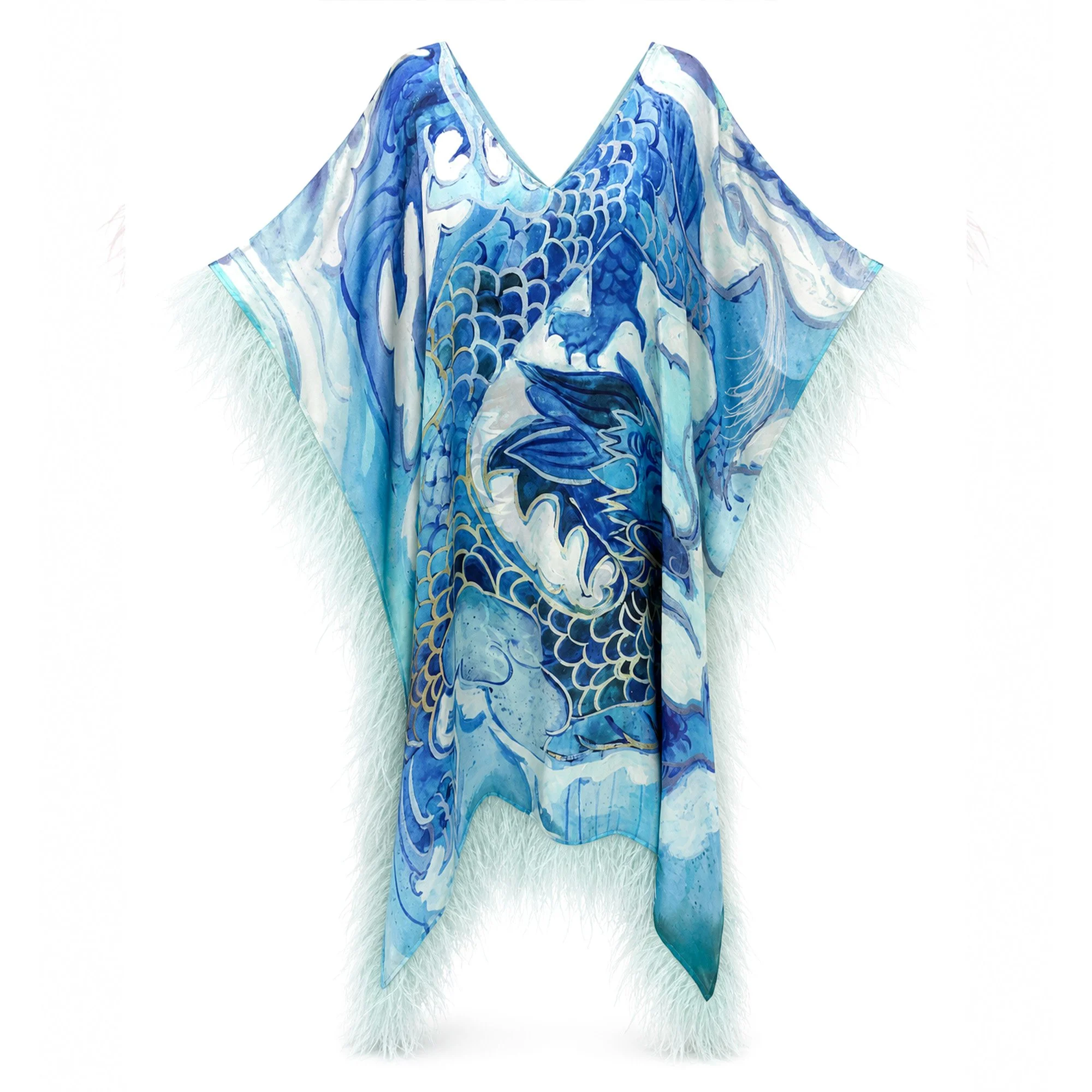 V-Neck Silk Feather-Trimmed Kaftan "Hydra Heart"