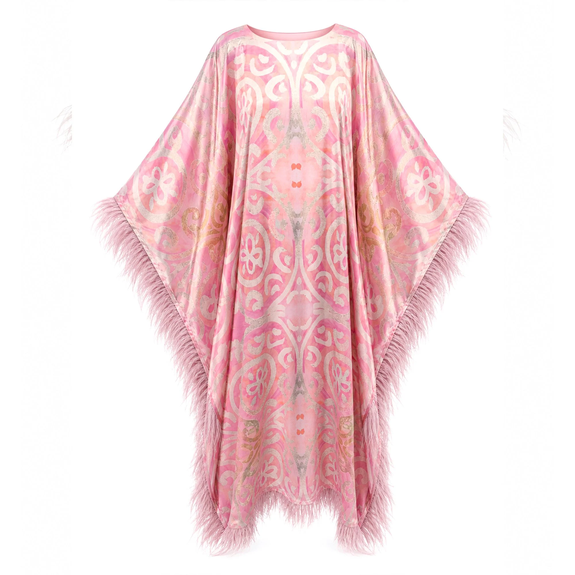 Long Silky Feather-Trimmed Kaftan "Cleo's Garden"