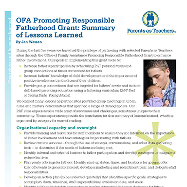 OFA Promoting Responsible Fatherhood Grant : A Summary of Lessons Learned By Jan Watson