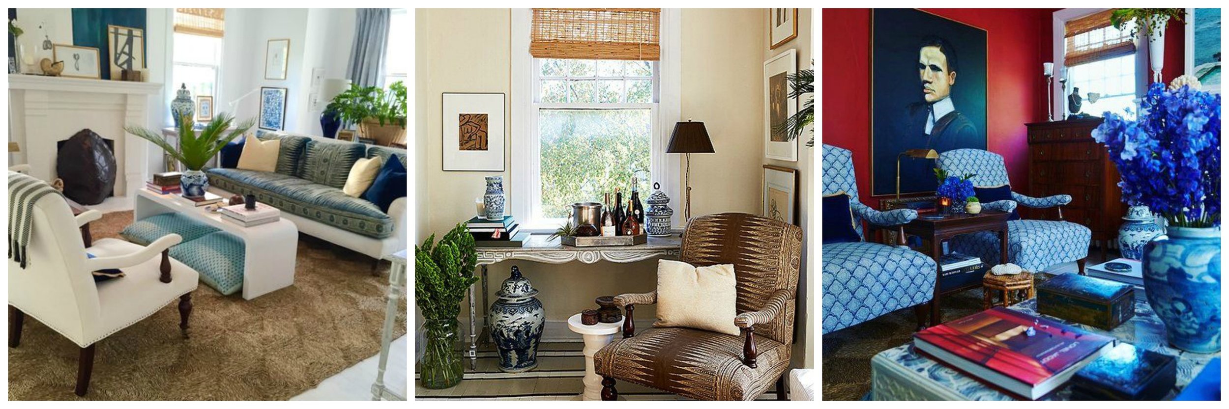 Same classic chair shown in various places in his home in different fabrics, they appear to be slipcovers. Ingenious, allows you to change your space when ever you feel like it.