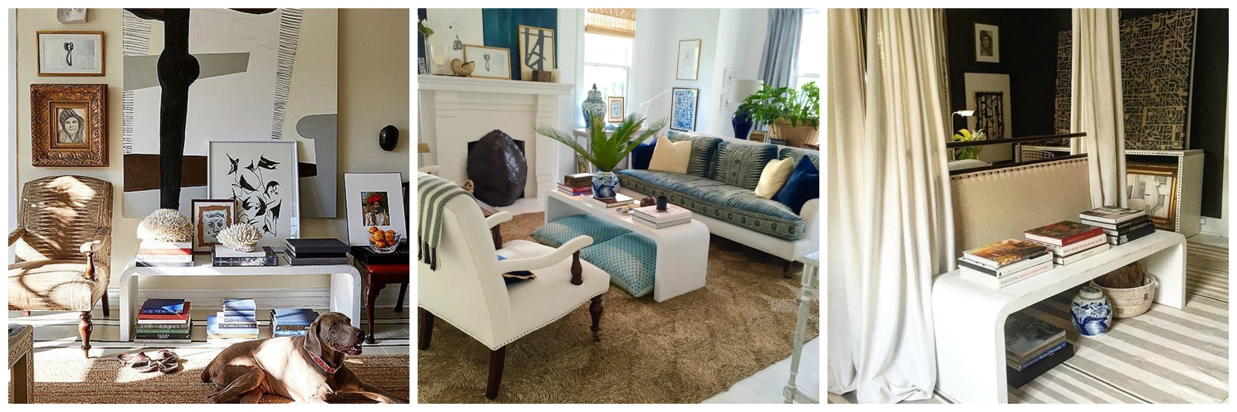 Same white waterfall coffee table used as a bench/ console, coffee table, and bench at the end of the bed.