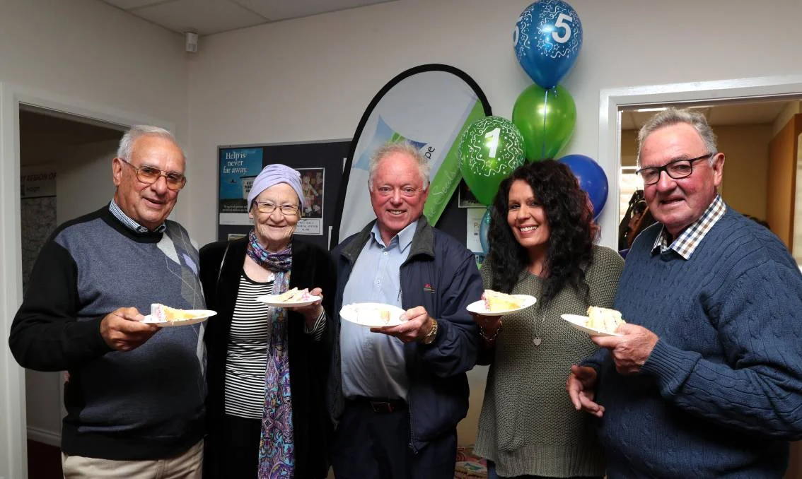 Founding chairman Alan Lean with his wife Kaye Lean, current chairman Kerry Flinn, designer Carol Hill and fundraising chairman Rod Dunlop celebrate 15 years of Country Hope. Pic: Les Smith.