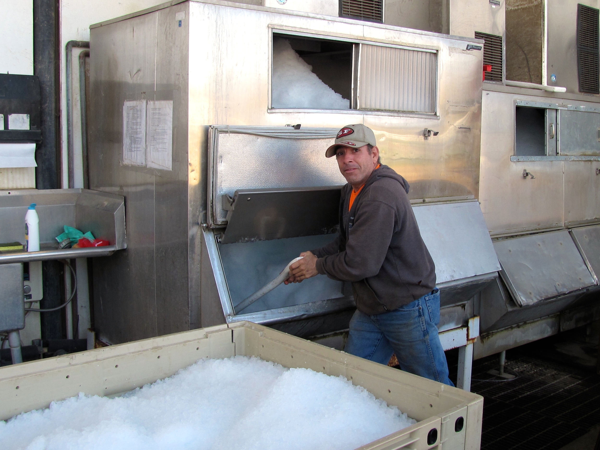 Gera preparing ice to be packed with a vegetable order