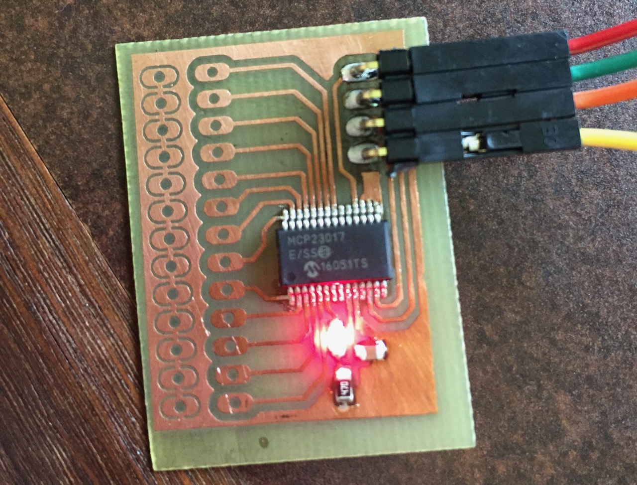 I2C IO expander board to run the keys, and an LED to know it's working. Pretty happy with the home etched PCB at this 0.65mm pin pitch. 