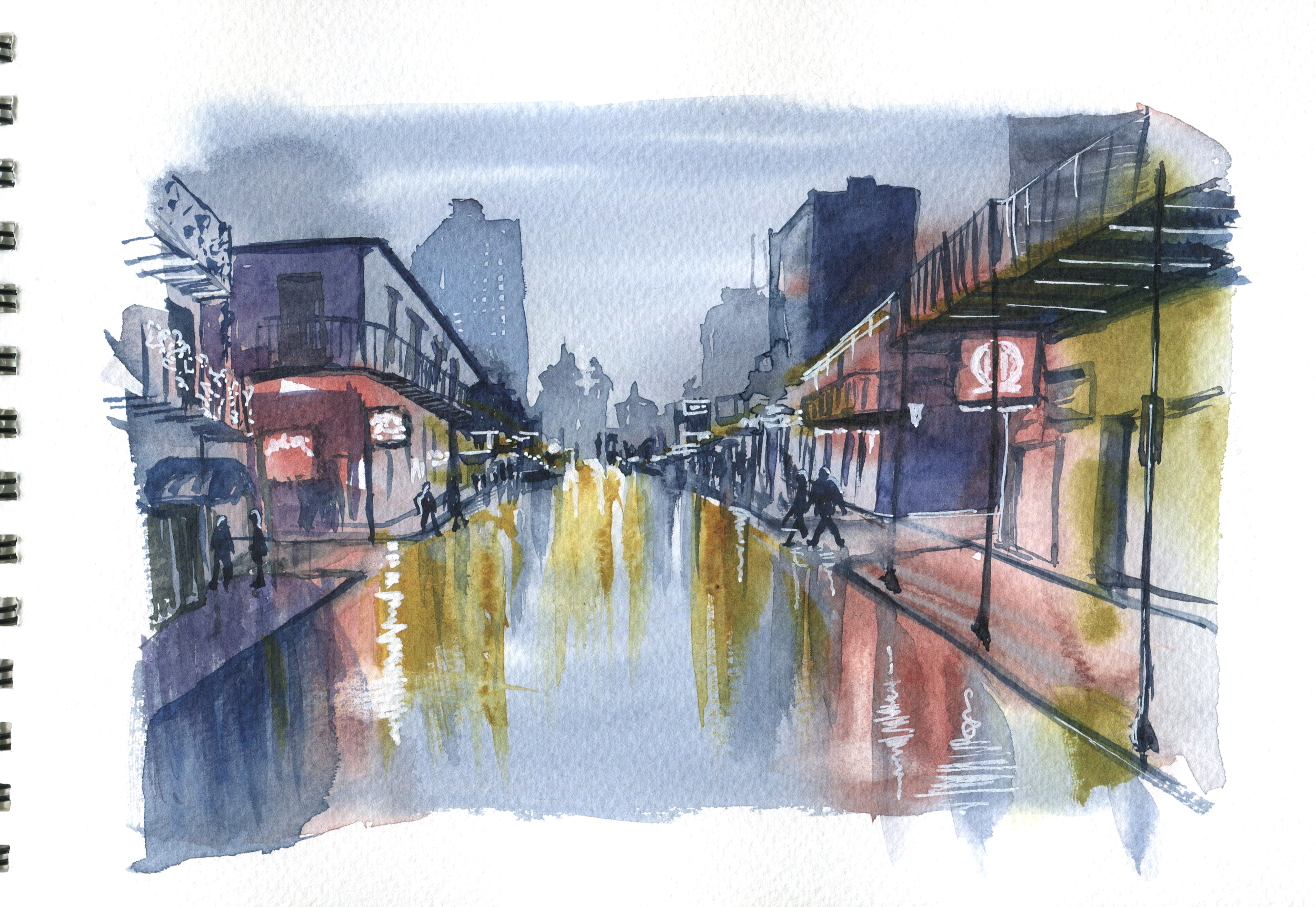 rainy night in watercolor