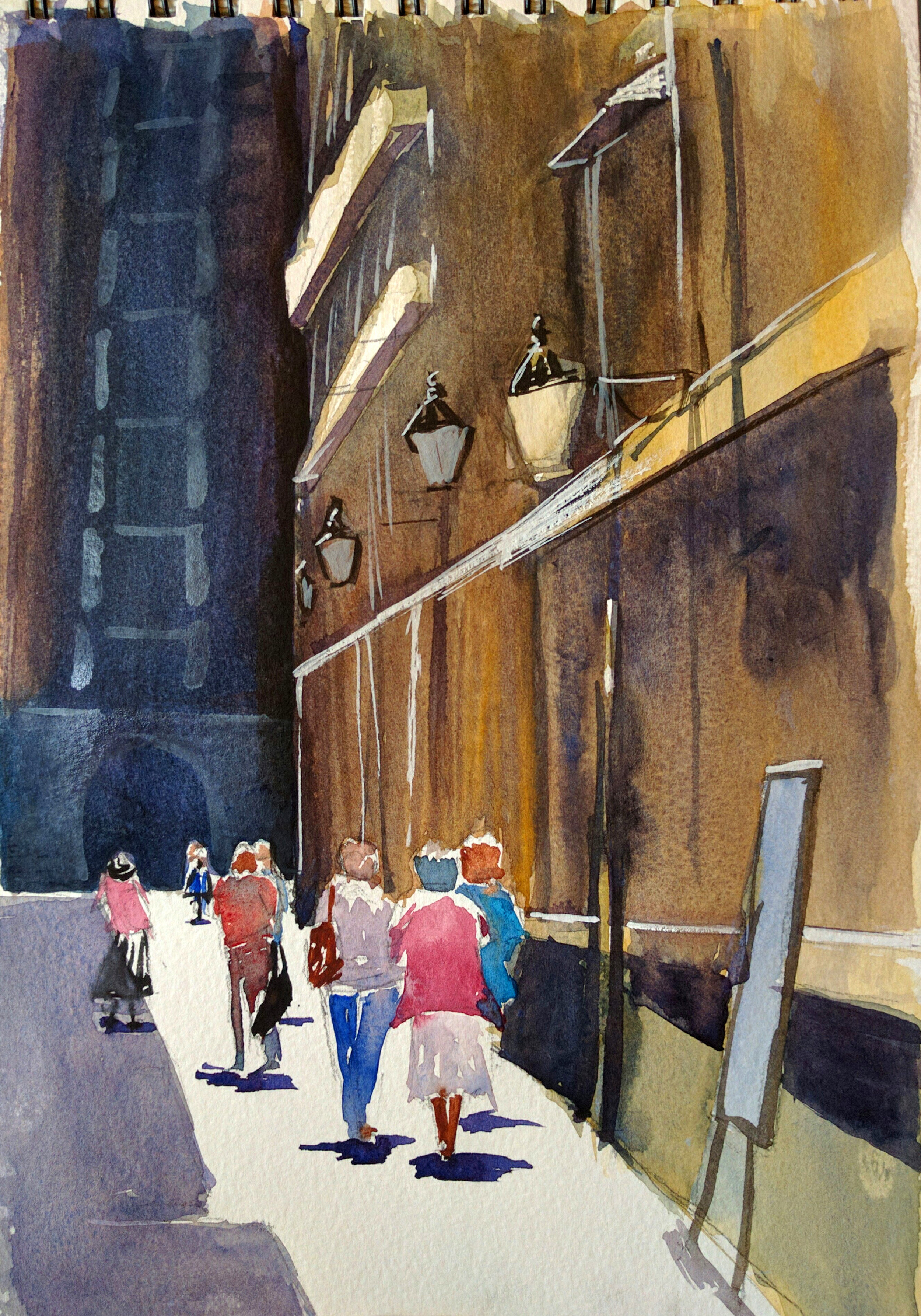 sunlit street in watercolor