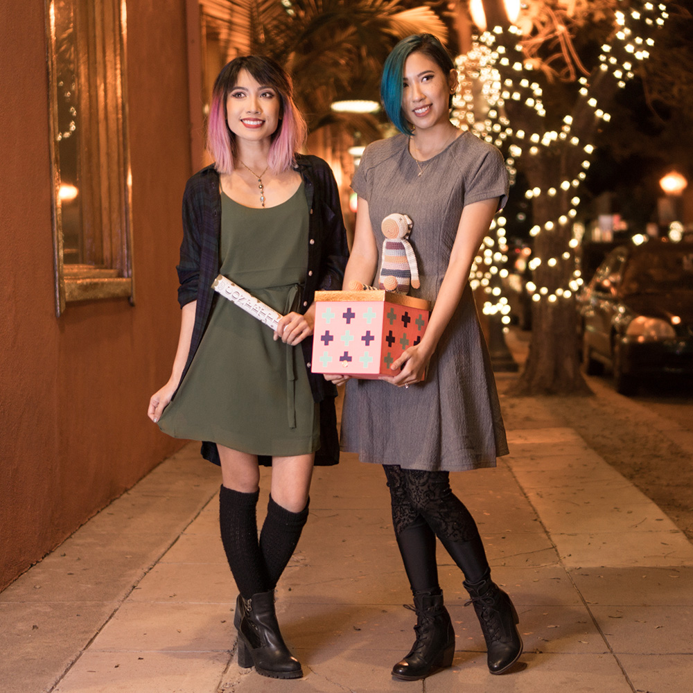   Meg:    Top:   Boyfriend Lounge Plaid Shirt    Dress:   Field of Flowers Dress     Mel:   Dress:   Textured Fit and Flare Dress   