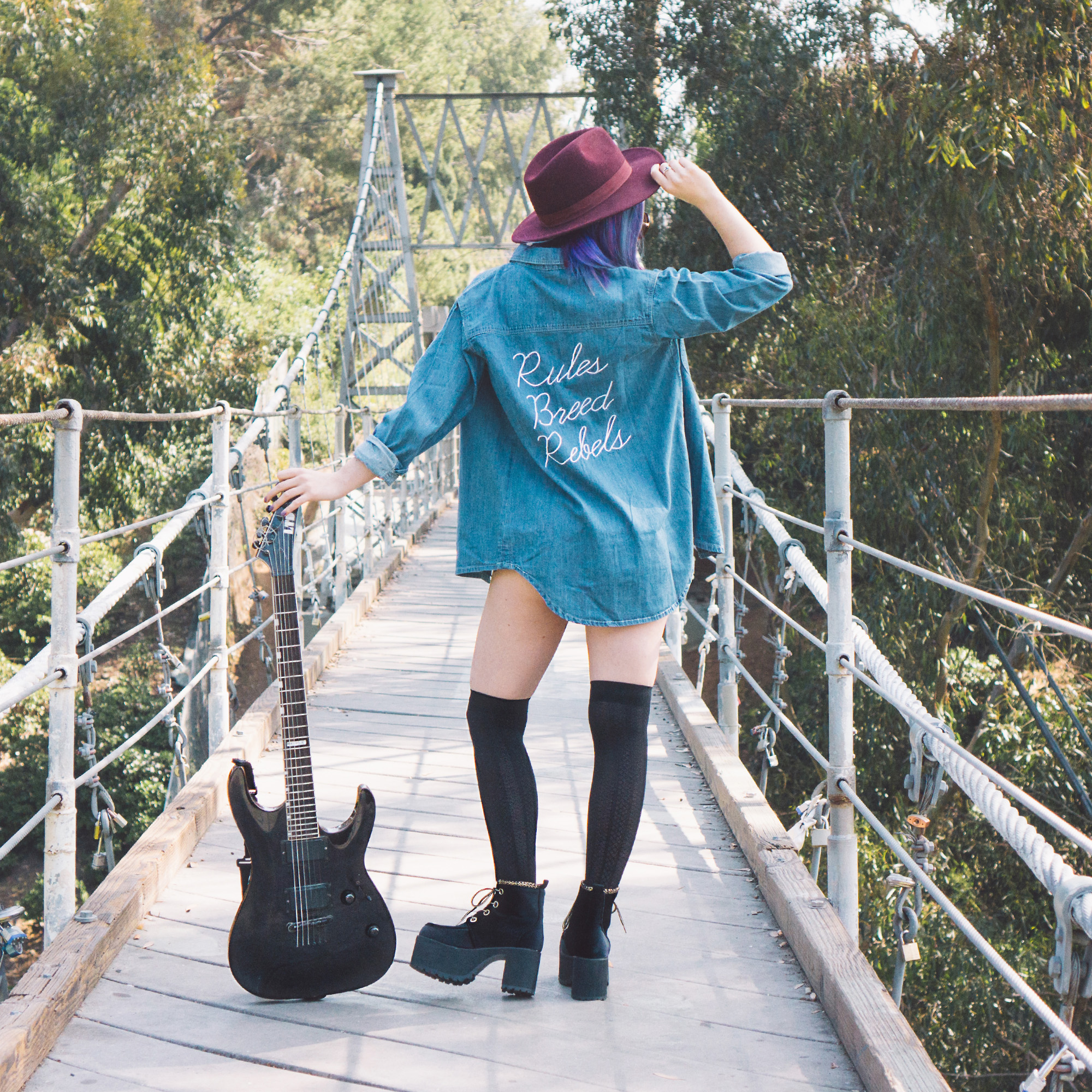   Top :  Gypsy Warrior - Rebel Chambray Shirt    Shoes:   T.U.K. Black Velvet Nosebleed Boots    Accessories :  Ardent Reverie Mixology Choker - Black  