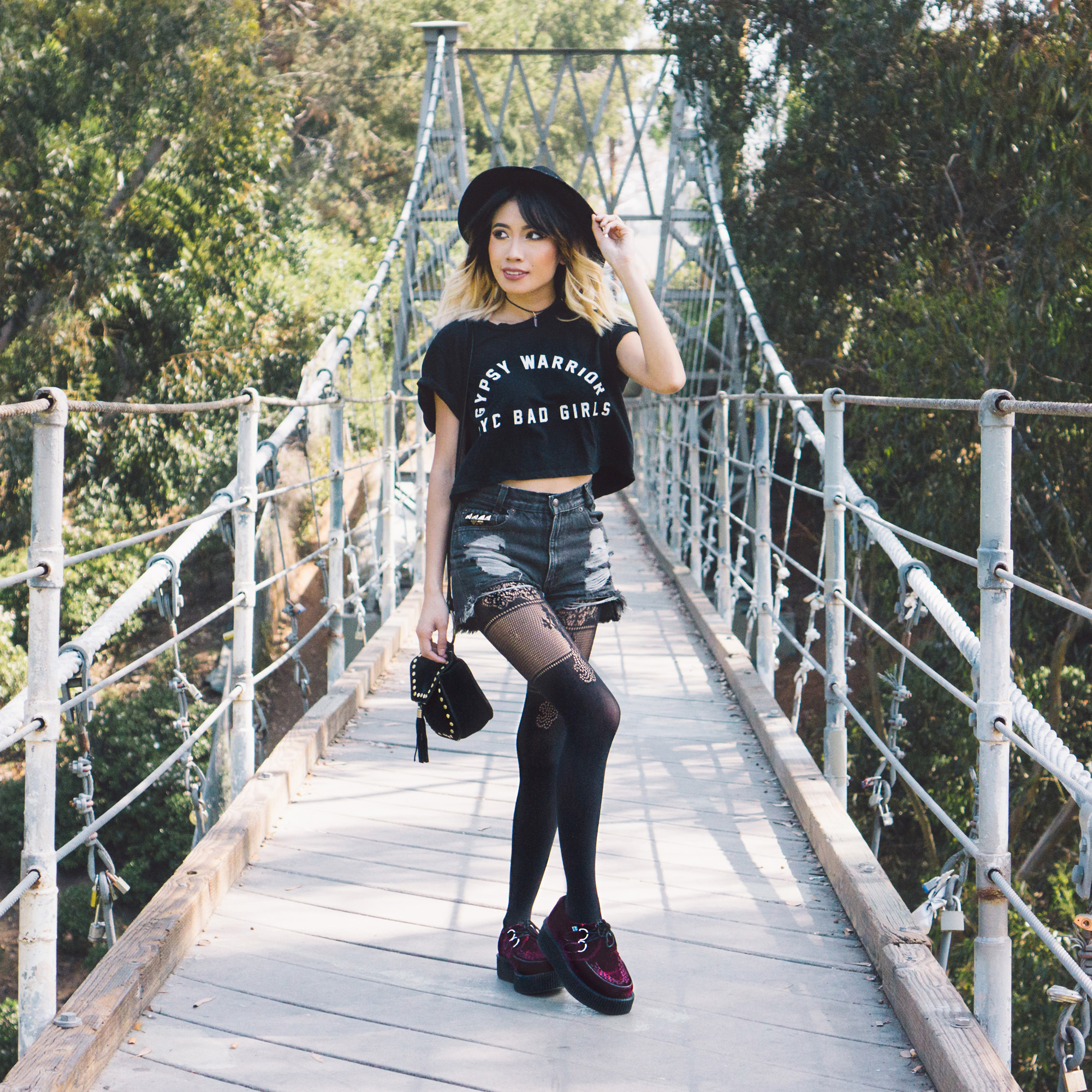   Top :  Gypsy Warrior NYC Bad Girls Crop Tee    Tights :  Erica M. Atlantis Tights    Shoes :  T.U.K. Burgundy Velvet Viva Mondo Creepers    Bag :  Nila Anthony Back in the Saddle Suede Bag  