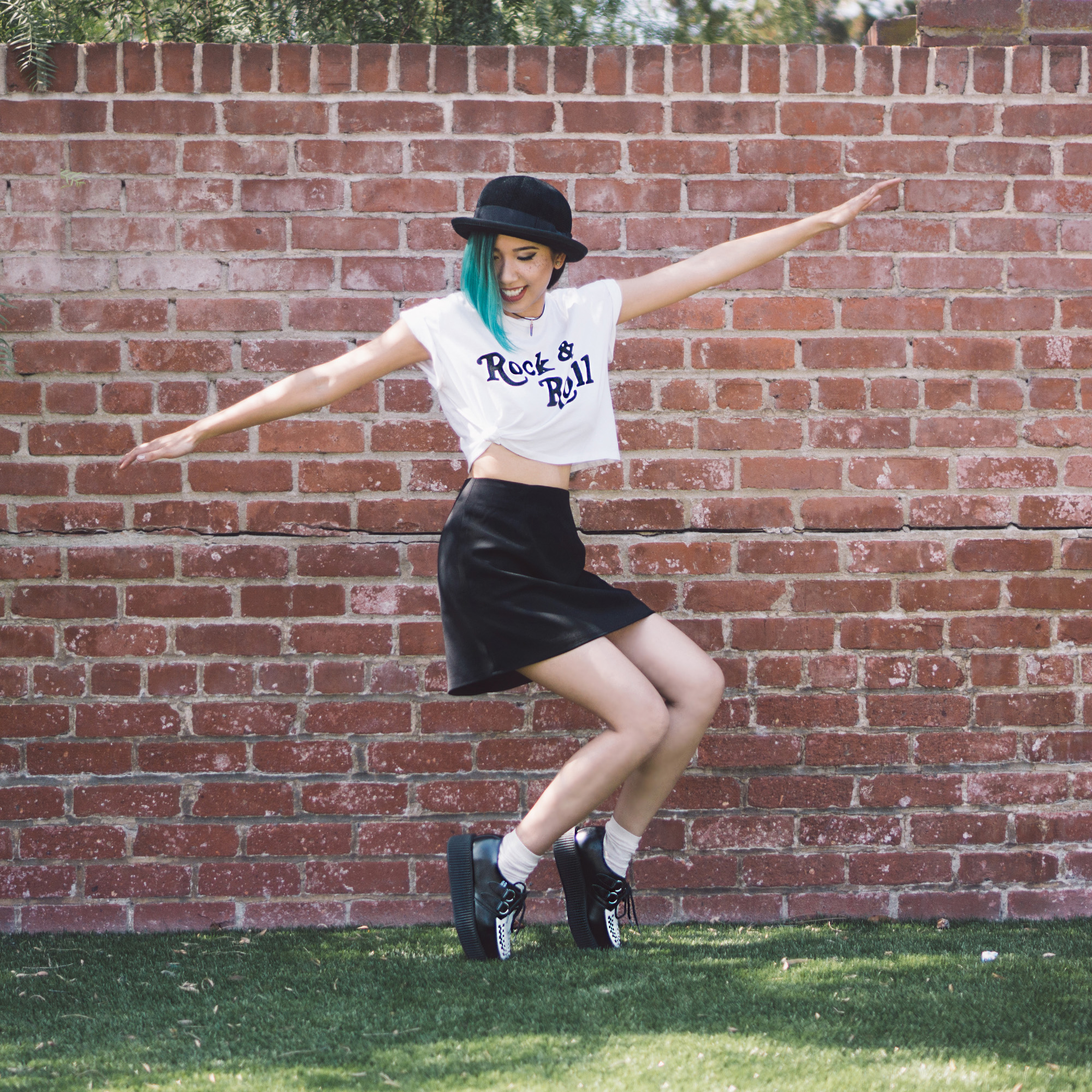   Top :  Gypsy Warrior It's Only Rock &amp; Roll Crop Tee    Skirt :  Tobi    Shoes :  Black &amp; White Leather Viva Mondo Creepers  