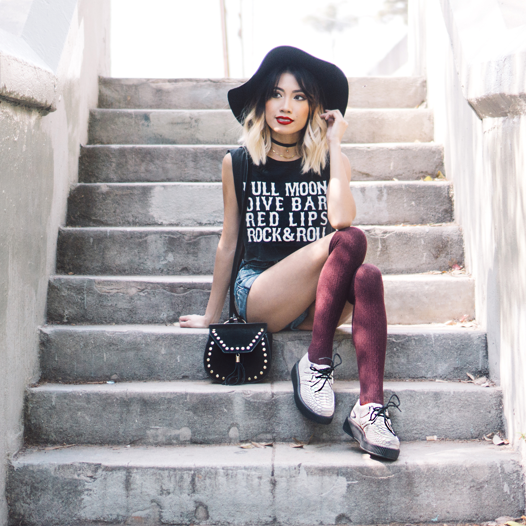   Top :  Gypsy Warrior Rock &amp; Roll Muscle Tank    Shorts :  Tobi Hyperion High Waisted Denim Shorts    Shoes :  T.U.K. White Dragon Embossed Creepers  