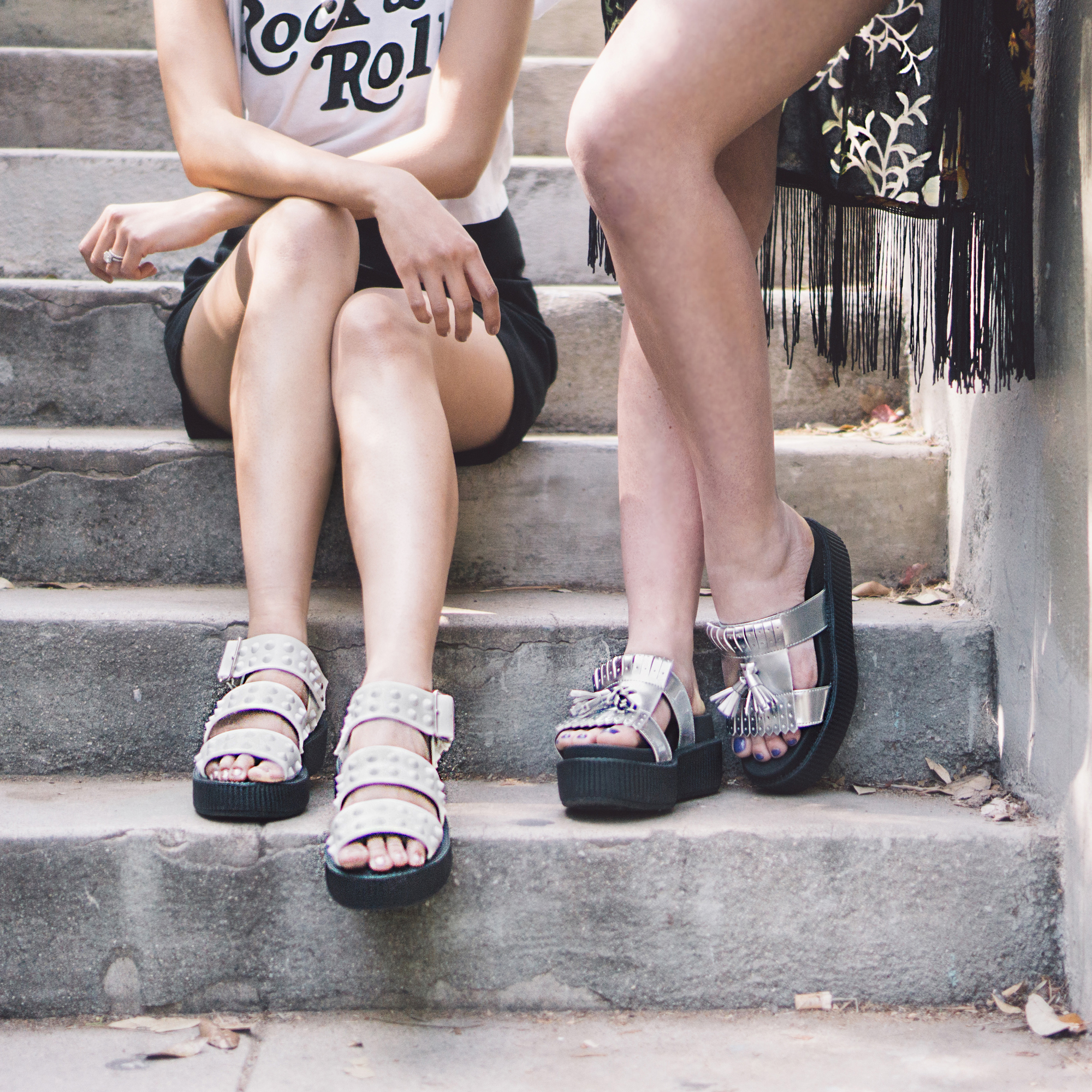   Sandals (Left) :  T.U.K. 3 Strap Spike Sandal in White    Sandals (Right):   T.U.K. Silver Kiltie Tassel Sandal  