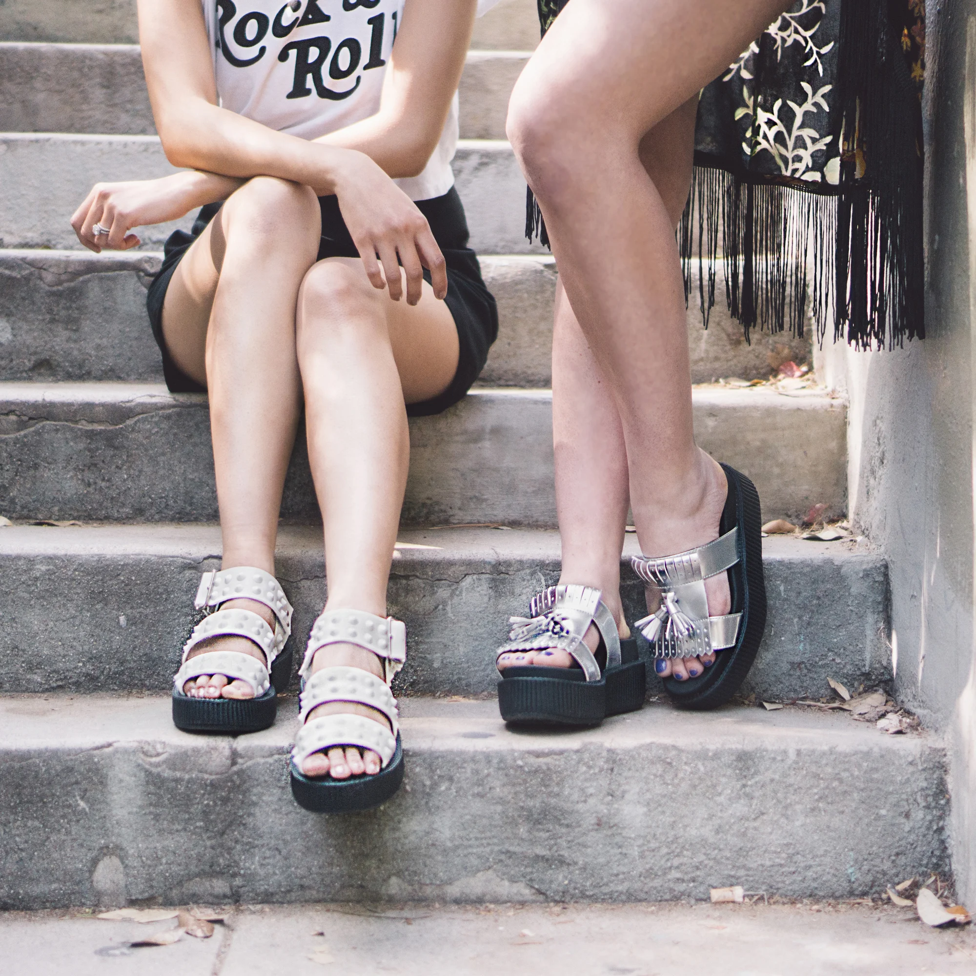 Sandals (Left) : T.U.K. 3 Strap Spike Sandal in White Sandals (Right): T.U.K. Silver Kiltie Tassel Sandal