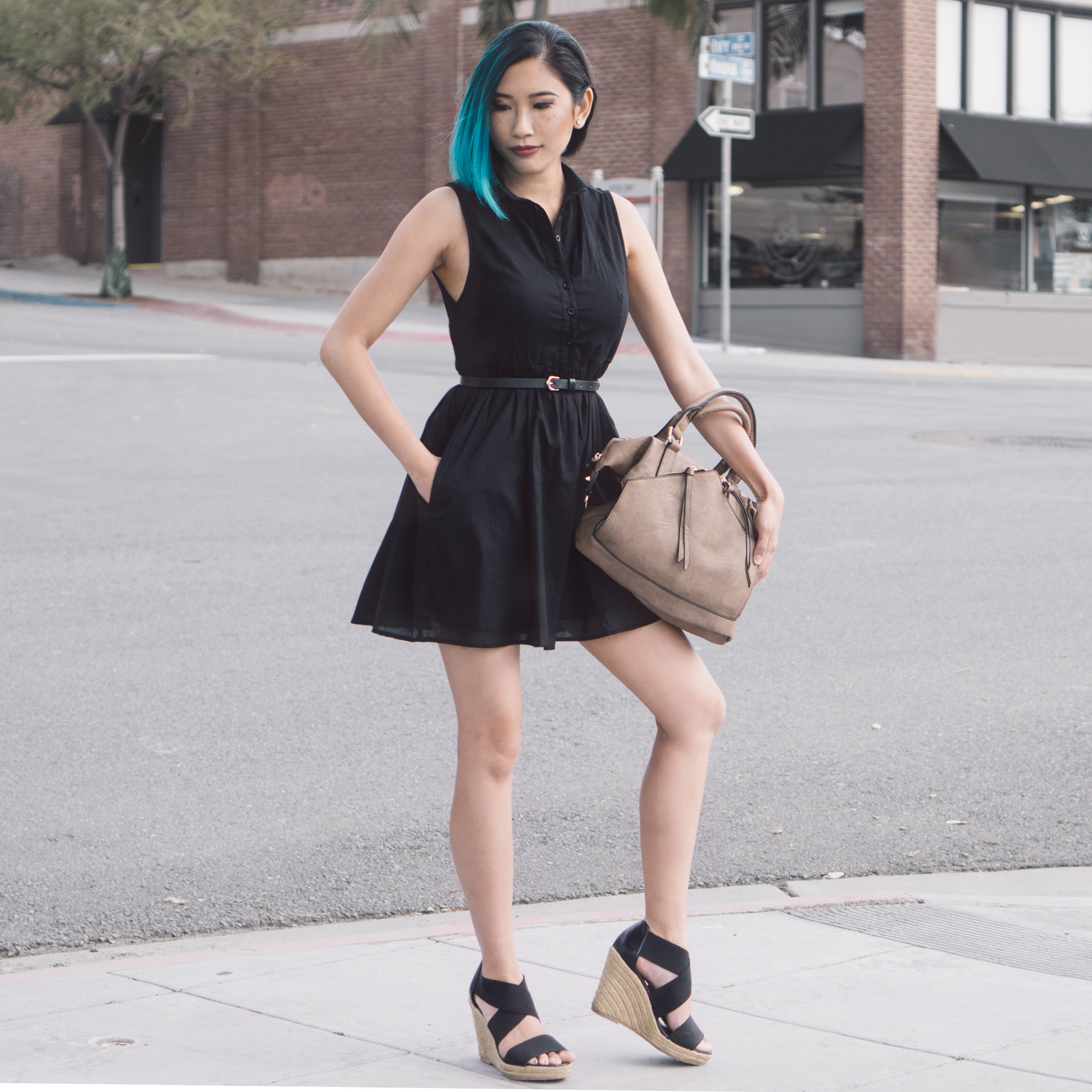   Dress :  Kate Boss Flare Dress    Bag :  Hayley Satchel Taupe    Shoes :  Steven Madden   