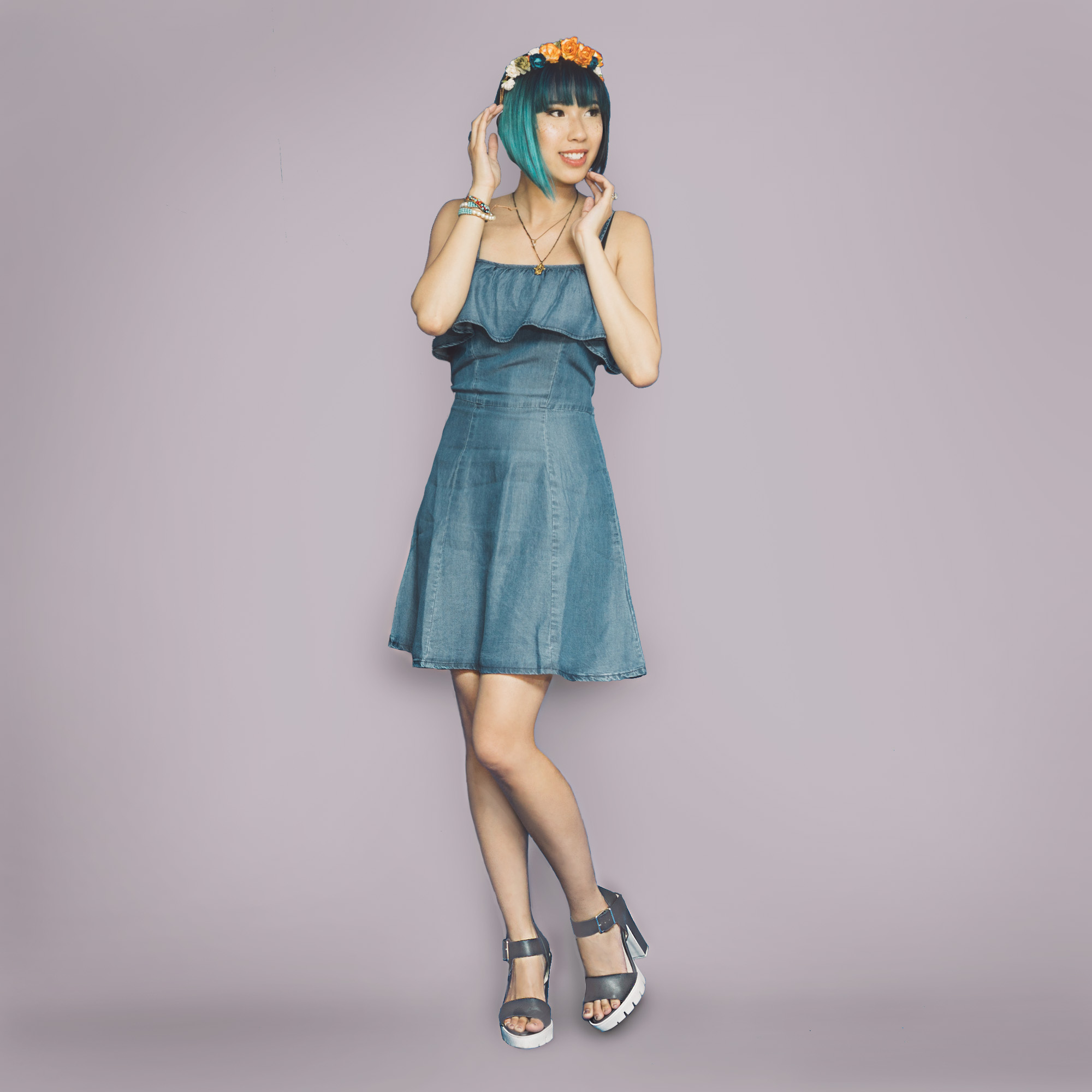   Dress :  Ashley Flirty Denim Dress    Shoes:   Lug Sole Platform Sandals    Flower Crown :  Ardent Reverie Headdress (similar)   