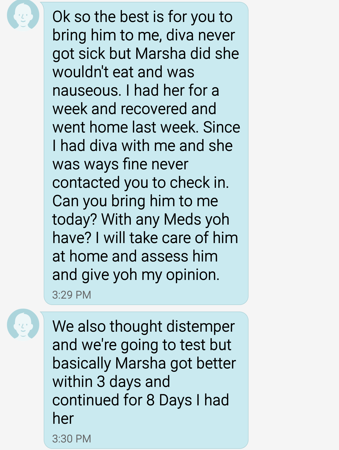  This was her reply. I remembered her saying that they have a vet that can take a look at the pups if something were to happen. I took this as the tiniest bit of hope and agreed to hand Casper over to her.  Looking over this text now, I'm scratching 