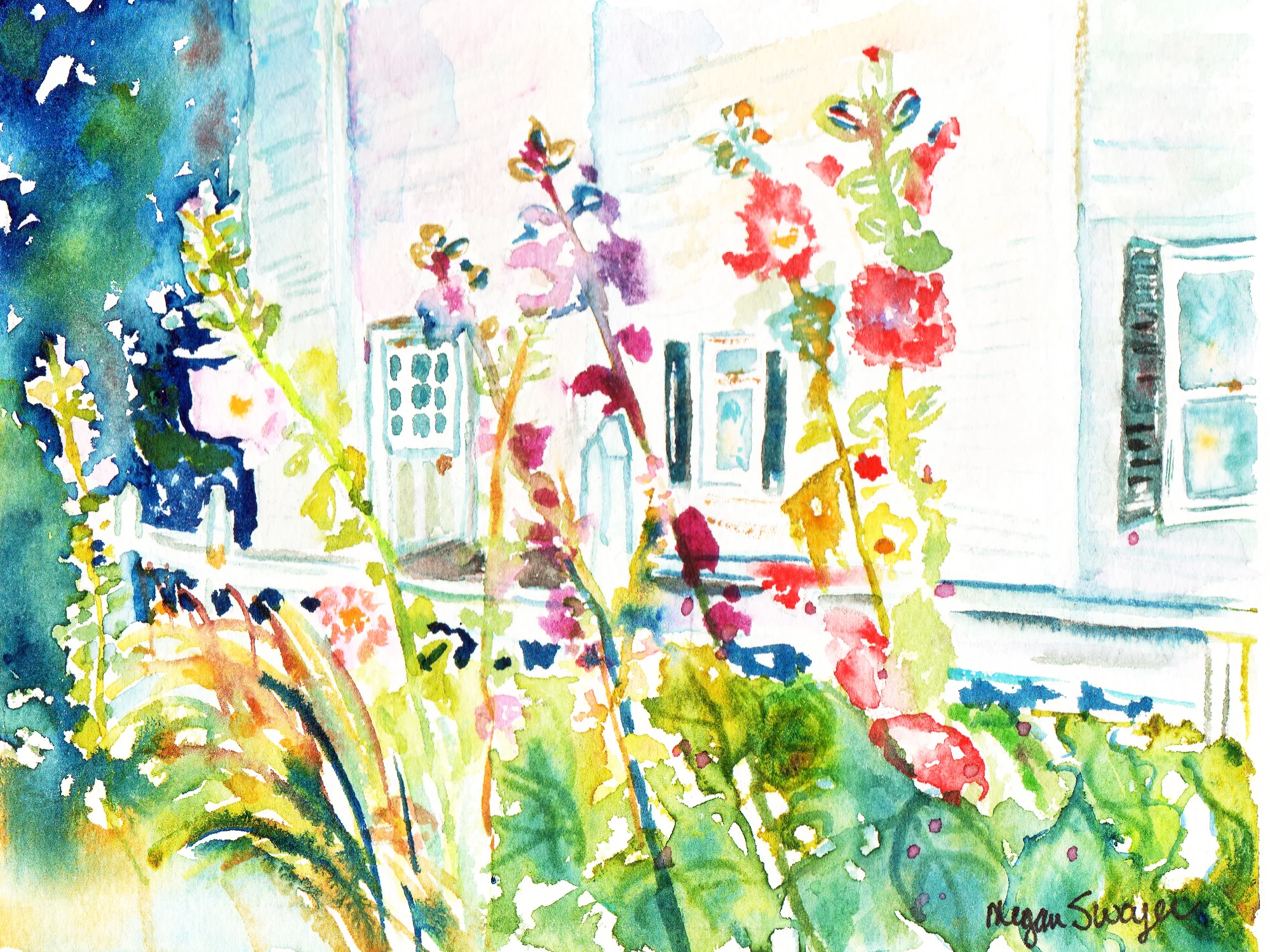Hollyhocks Against Fence