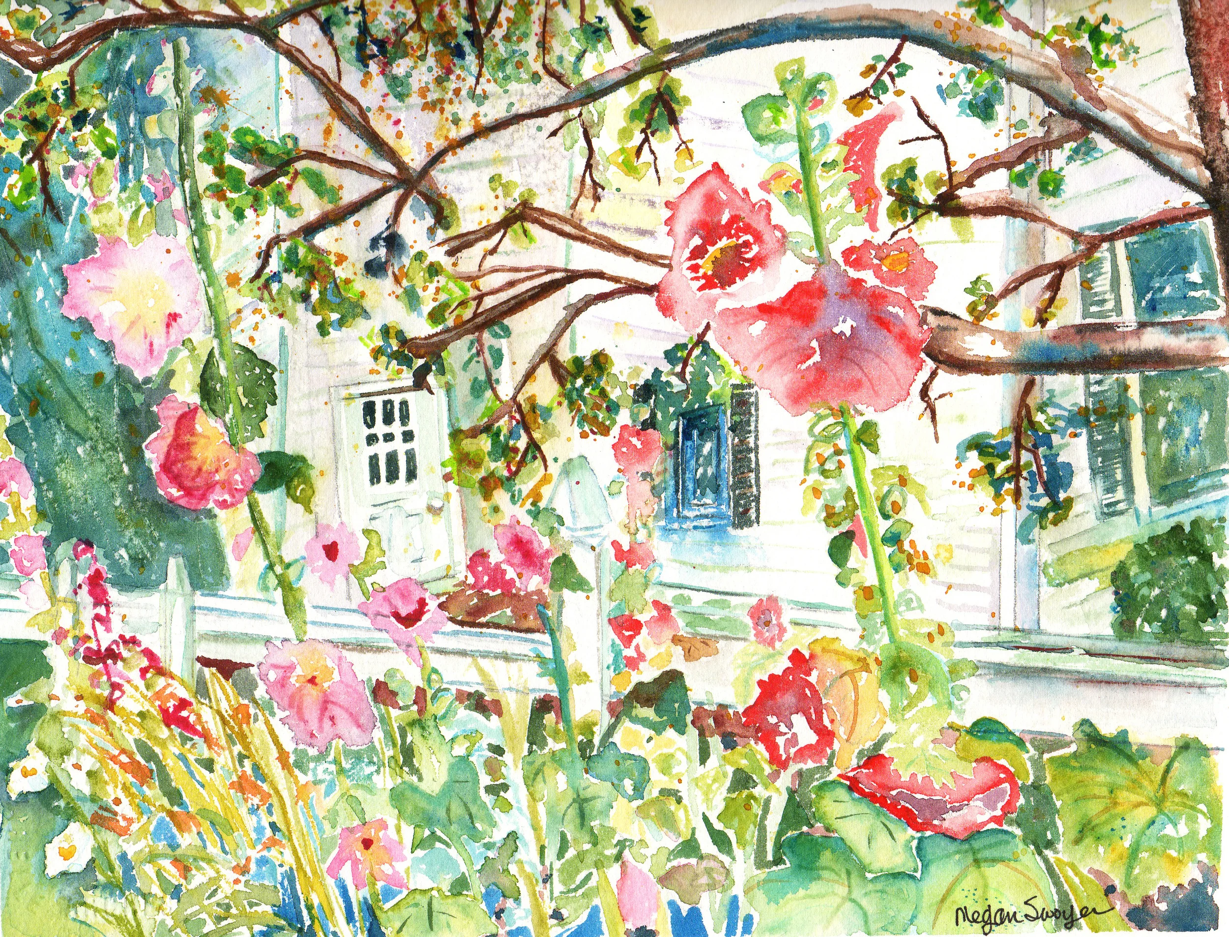 White Fence with Hollyhocks