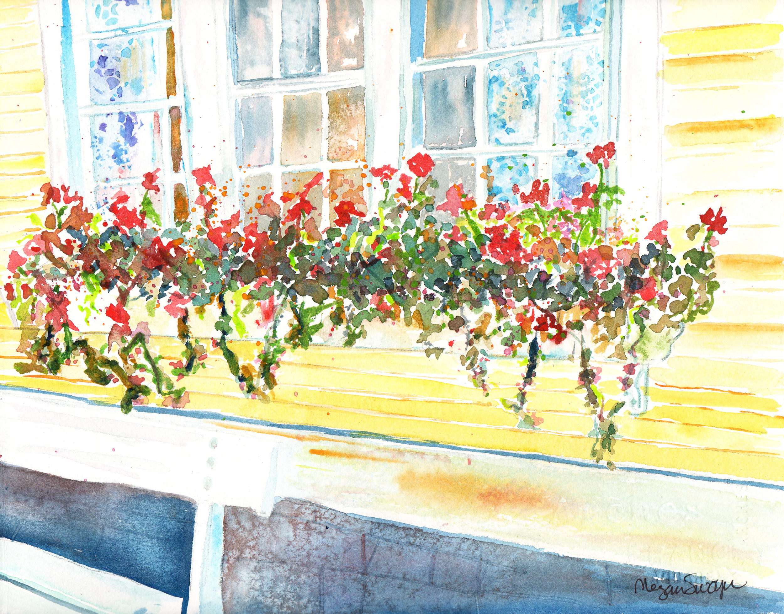 Yellow House with Red Flowers
