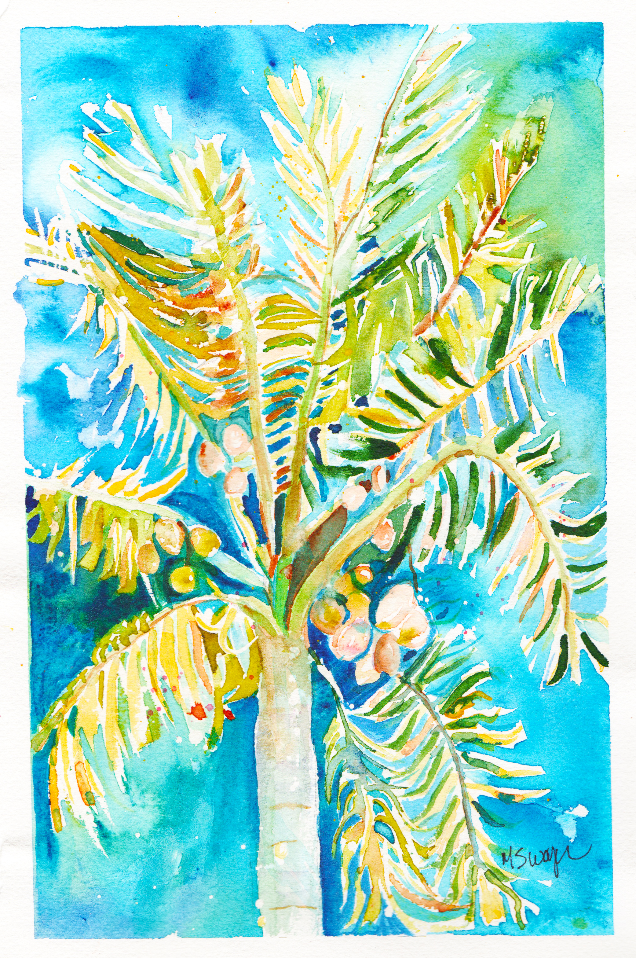 Handmade Postcard Palm tree Watercolor Painting on heavy artists paper Watercolor Tropical Small art Florida Postcard Picture Mats