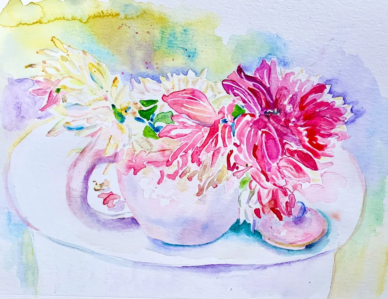 "Teapot and Dahlias"