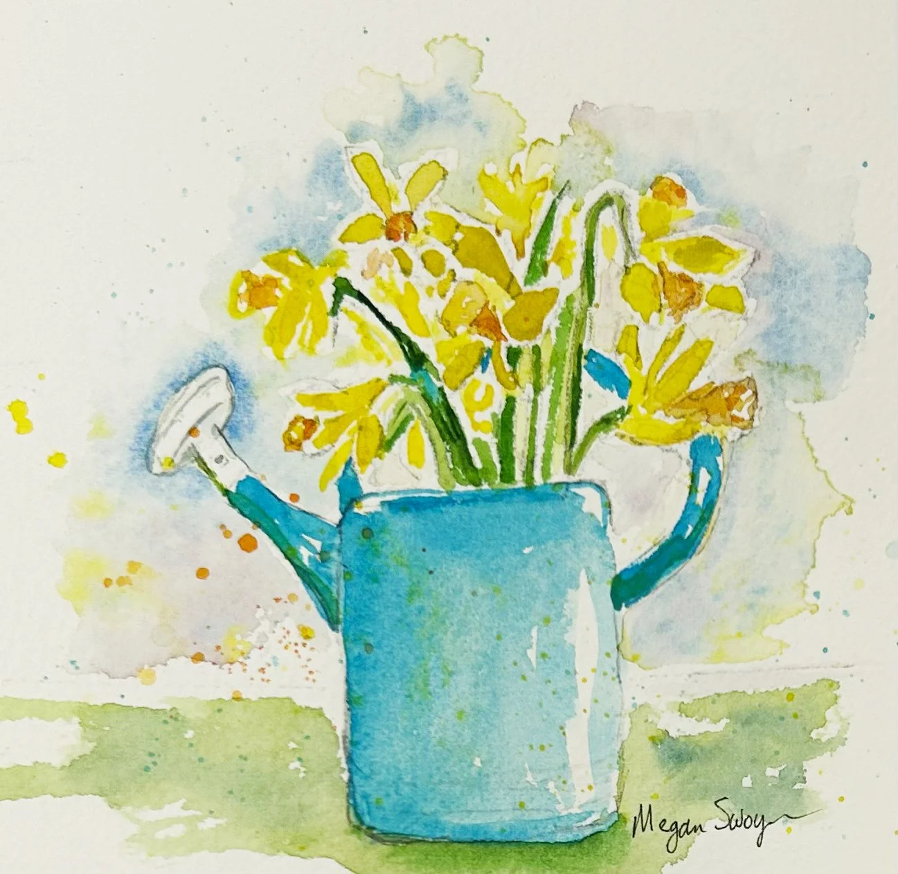 "Daffs in Turquoise Watering Can" 