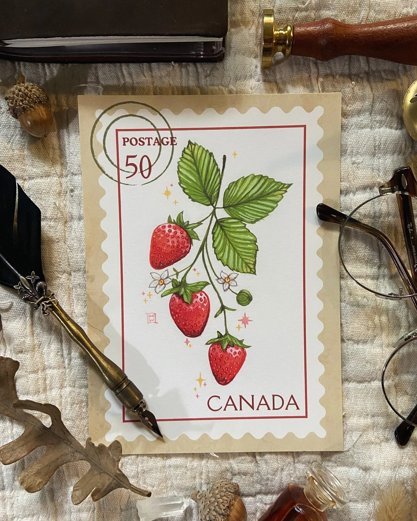 Whether you&rsquo;re looking for the perfect summer sentiment to mail to a loved one, or just a fruity-fresh print to collect, take a look at this strawberry stamp postcard 🍓🌿🍓 5x7 on heavyweight semigloss card. Available under the &ldquo;paper go