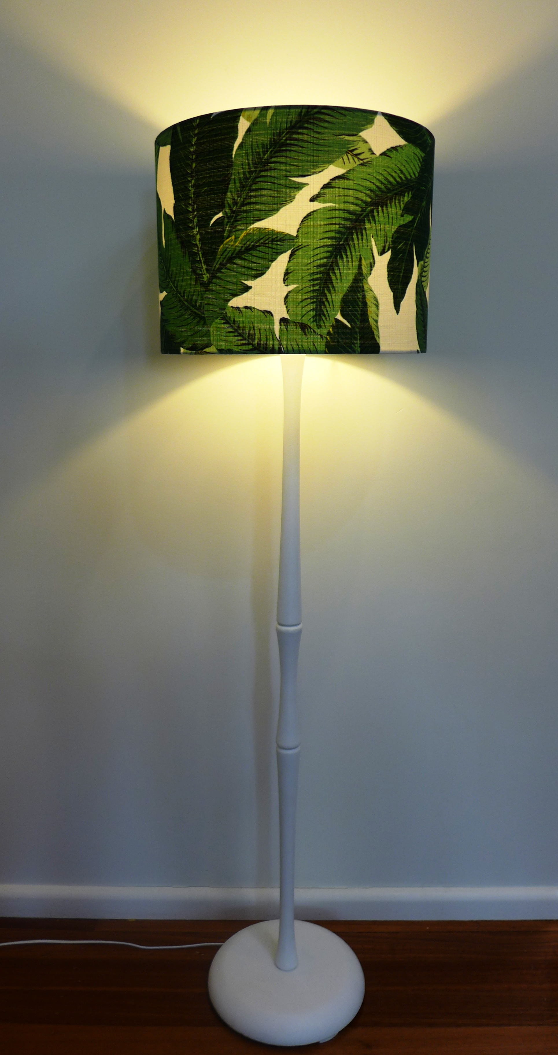 Green palm lampshade with white base.JPG