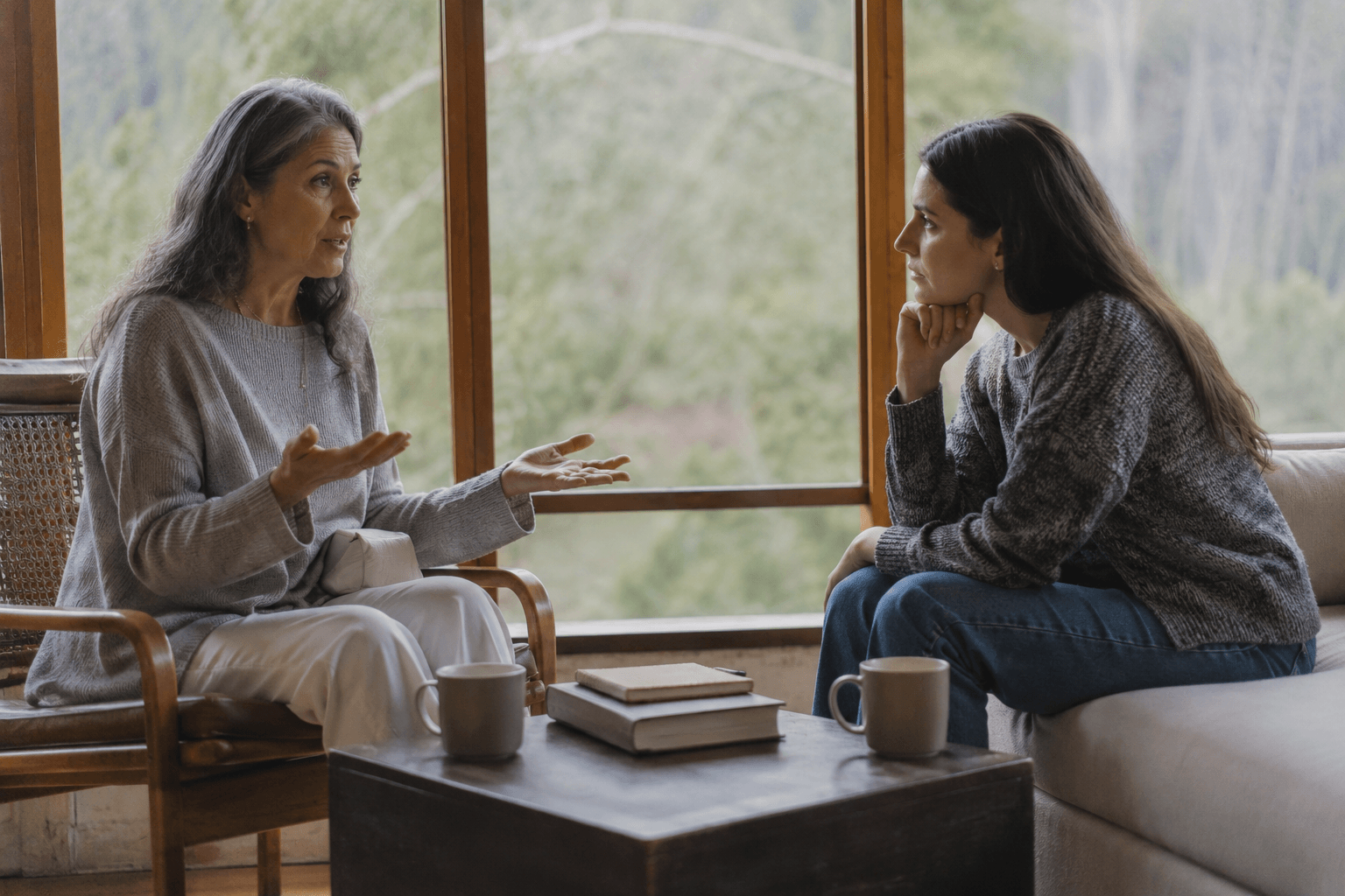 Two women sit facing each other, engaged in a serious conversation by a window. They're in a cozy room with mugs on a table, creating an intimate atmosphere.