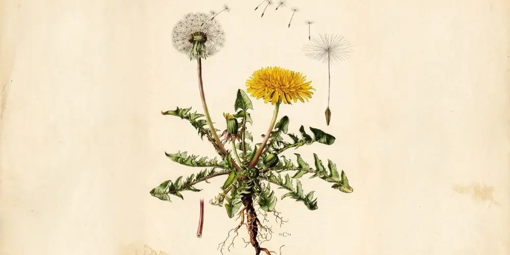 Botanical illustration of wild dandelion with yellow bloom, white seed head, roots, and scattered seeds on aged paper, evoking nature and fragility.