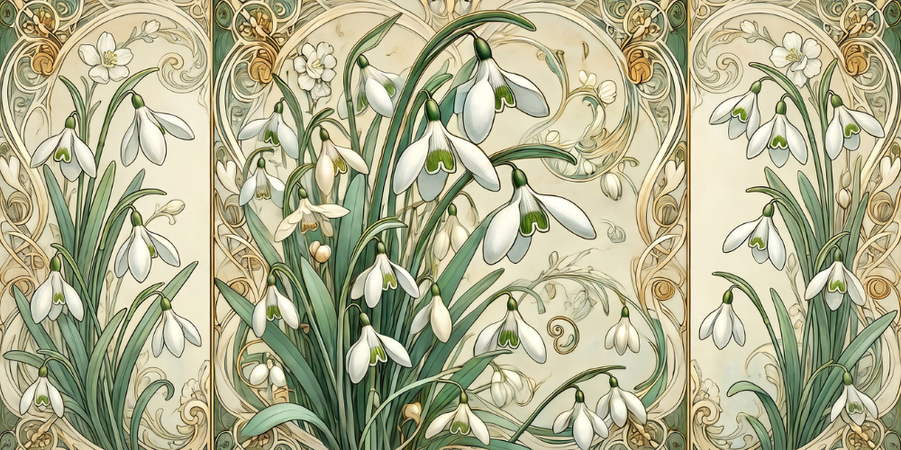 Decorative botanical panel of white snowdrops and green leaves, framed by ornate gold Art Nouveau scrollwork; elegant, serene vintage tone.