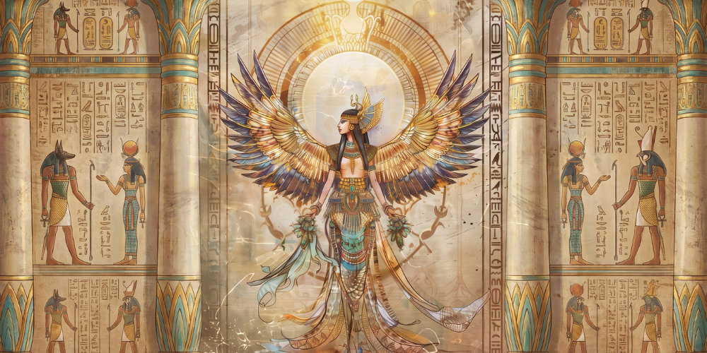 Winged Egyptian goddess stands centered with arms outstretched, framed by ornate columns, hieroglyphs, and ancient figures in a majestic scene.
