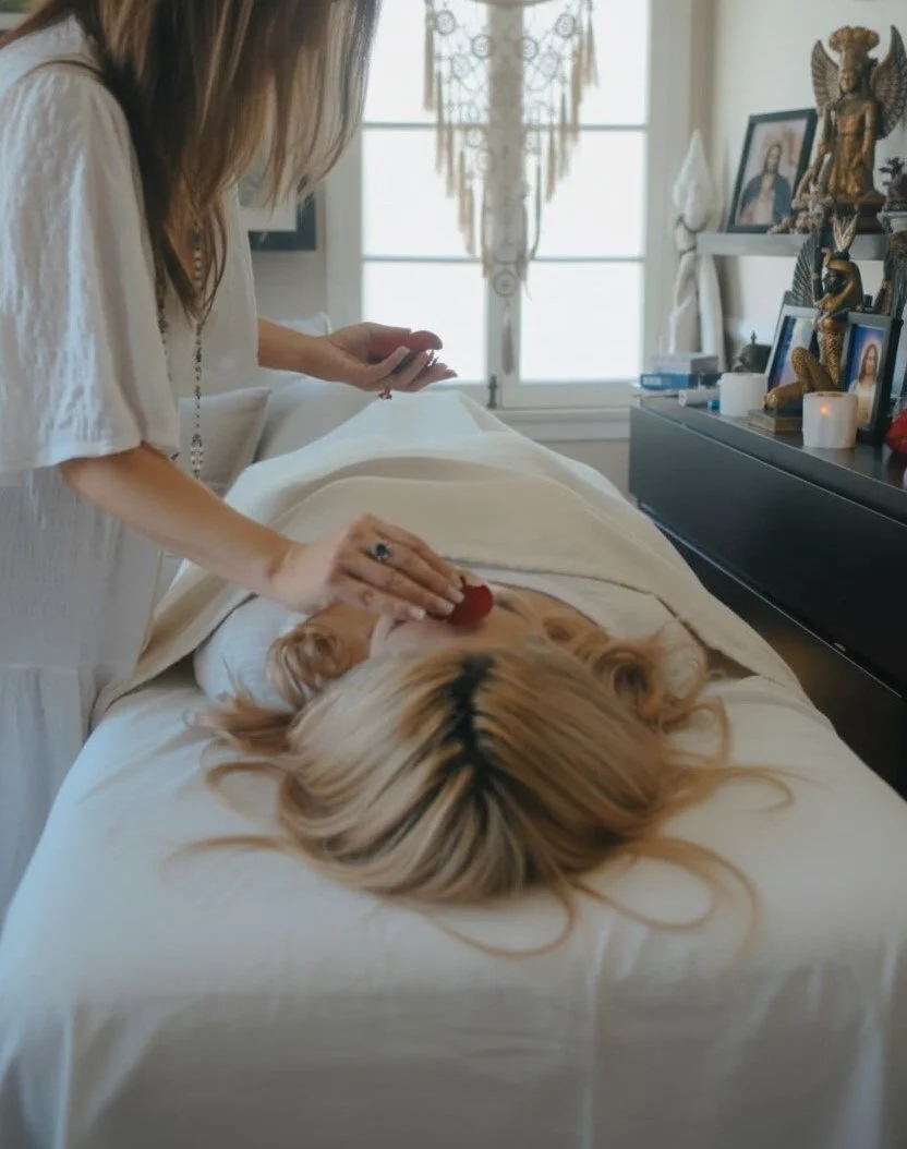 A person receives energy healing as another places a crystal on their forehead. The serene room has candles and spiritual decor, evoking calmness.