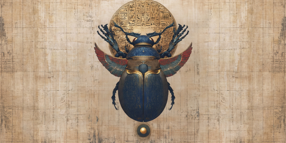 Stylized Egyptian scarab beetle with blue wings, red accents, and a golden hieroglyphic disk, centered on aged papyrus in a solemn, ancient style.