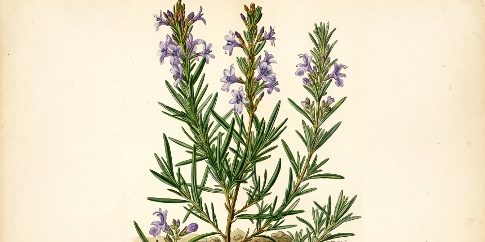 Botanical illustration of flowering rosemary sprigs with slender green leaves and delicate purple blossoms on a warm cream background, serene and natural.