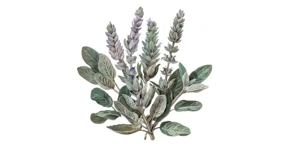 Botanical illustration of a silvery green herb with broad leaves and tall lavender flower spikes, arranged symmetrically against a white background.