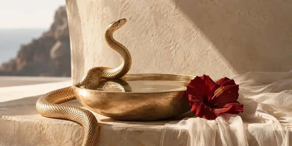 A golden snake rises from a brass bowl beside a red hibiscus on white fabric, with sunlit cliffs and sea beyond, creating an exotic, serene mood.