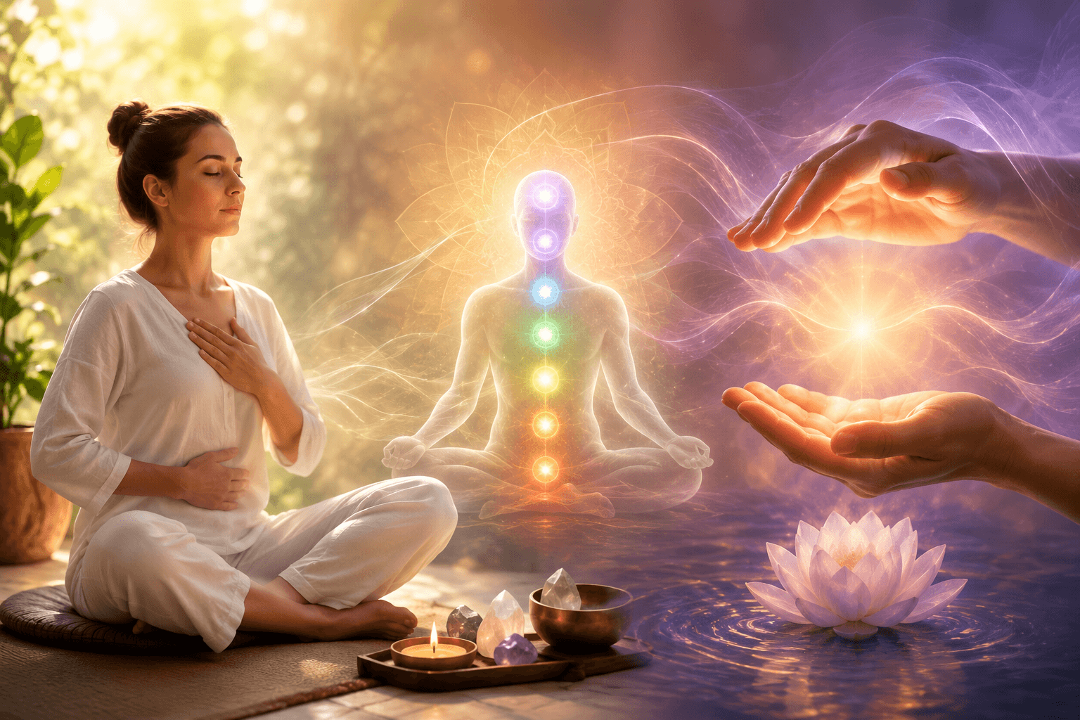 A woman meditates peacefully, surrounded by spiritual symbols and colors. Glowing chakras and lotus flowers evoke calm and energy healing vibes.
